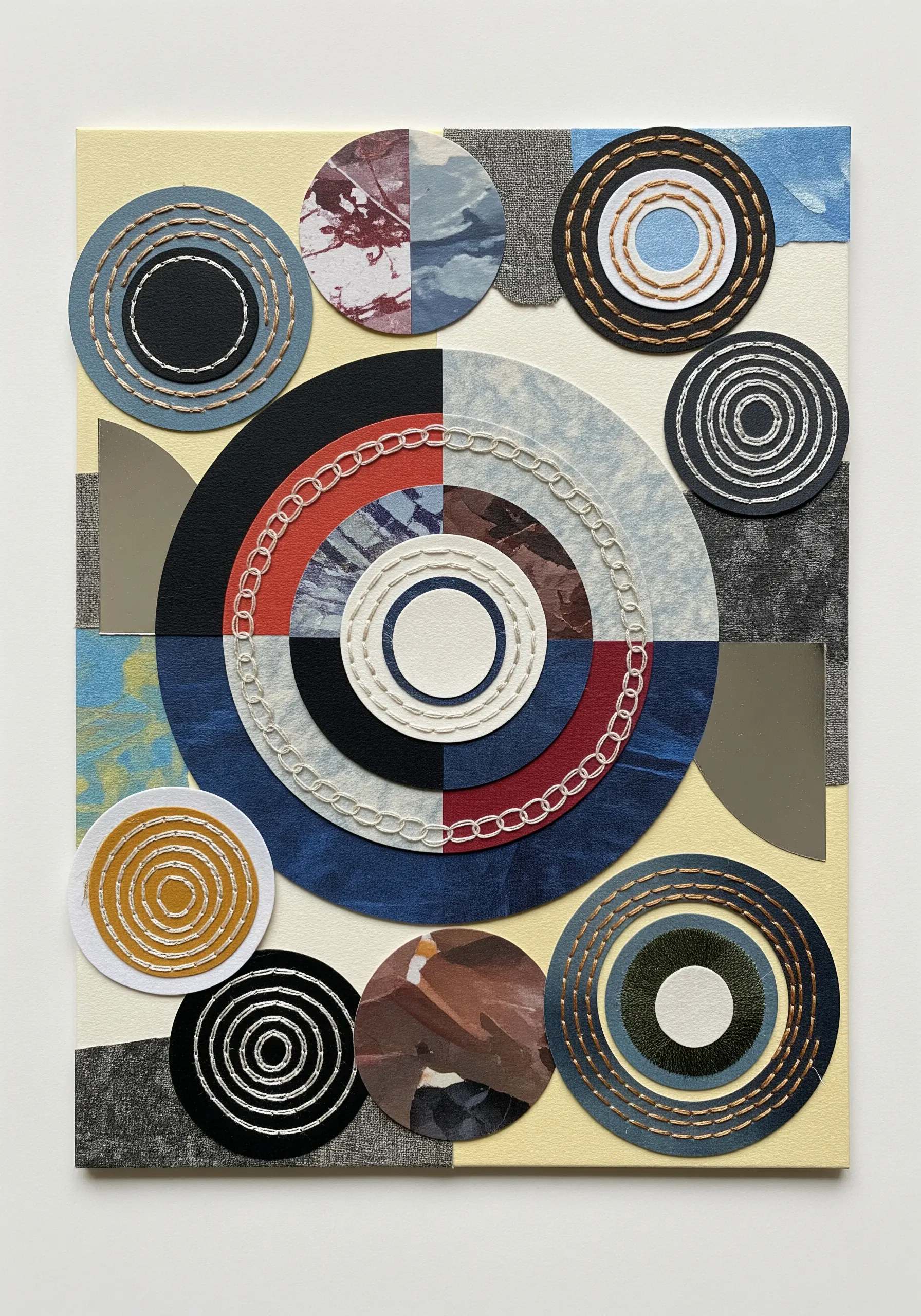 An abstract collage of layered circles, with many of the circles detailed with concentric running stitches.