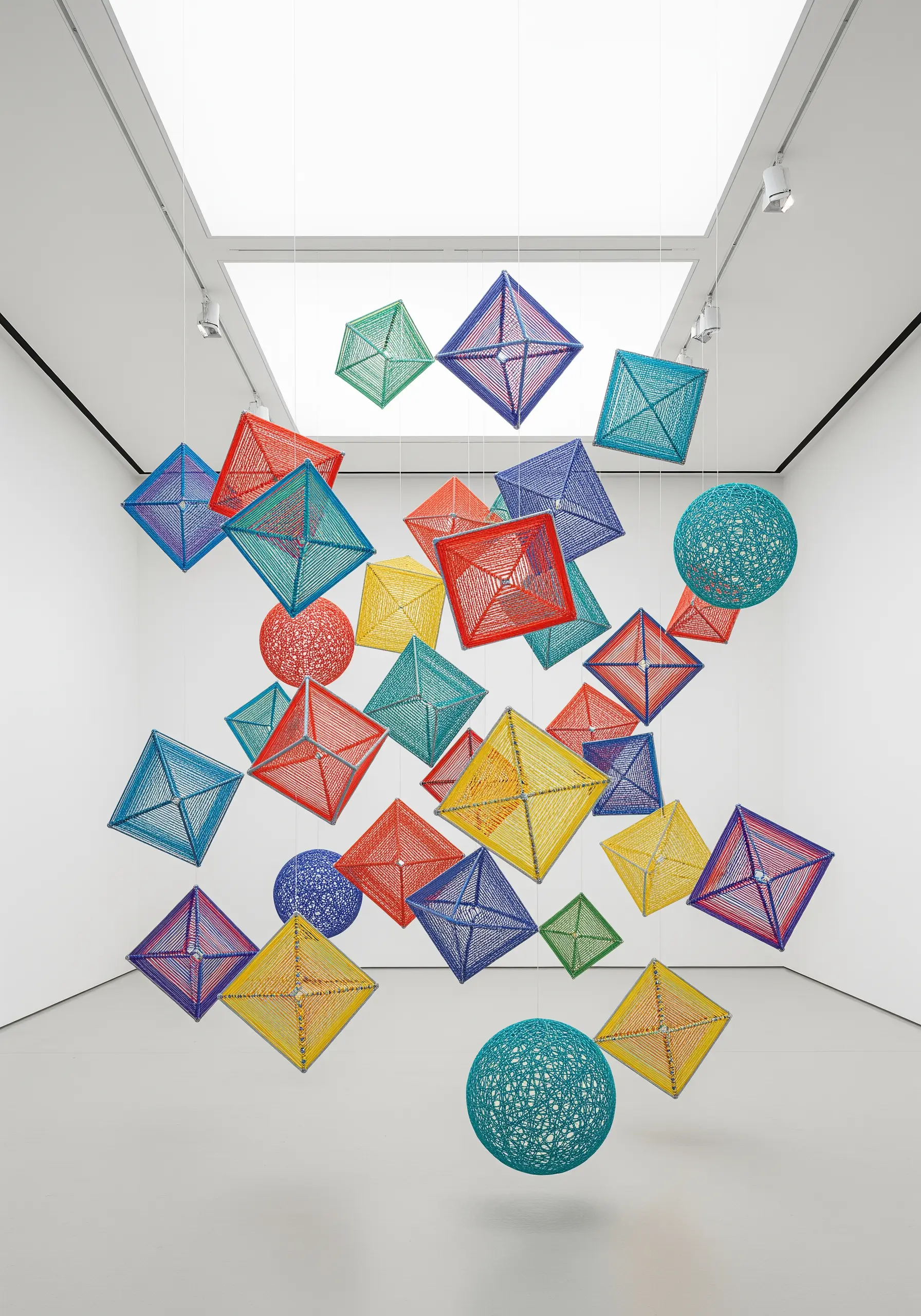 An installation of colorful, geometric shapes made from stretched thread hanging in a white gallery.