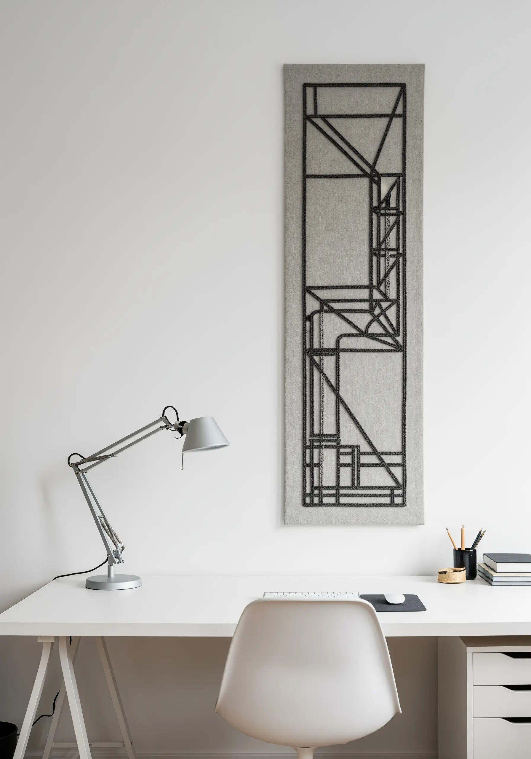 A tall, narrow wall panel featuring a geometric architectural design in black thread.