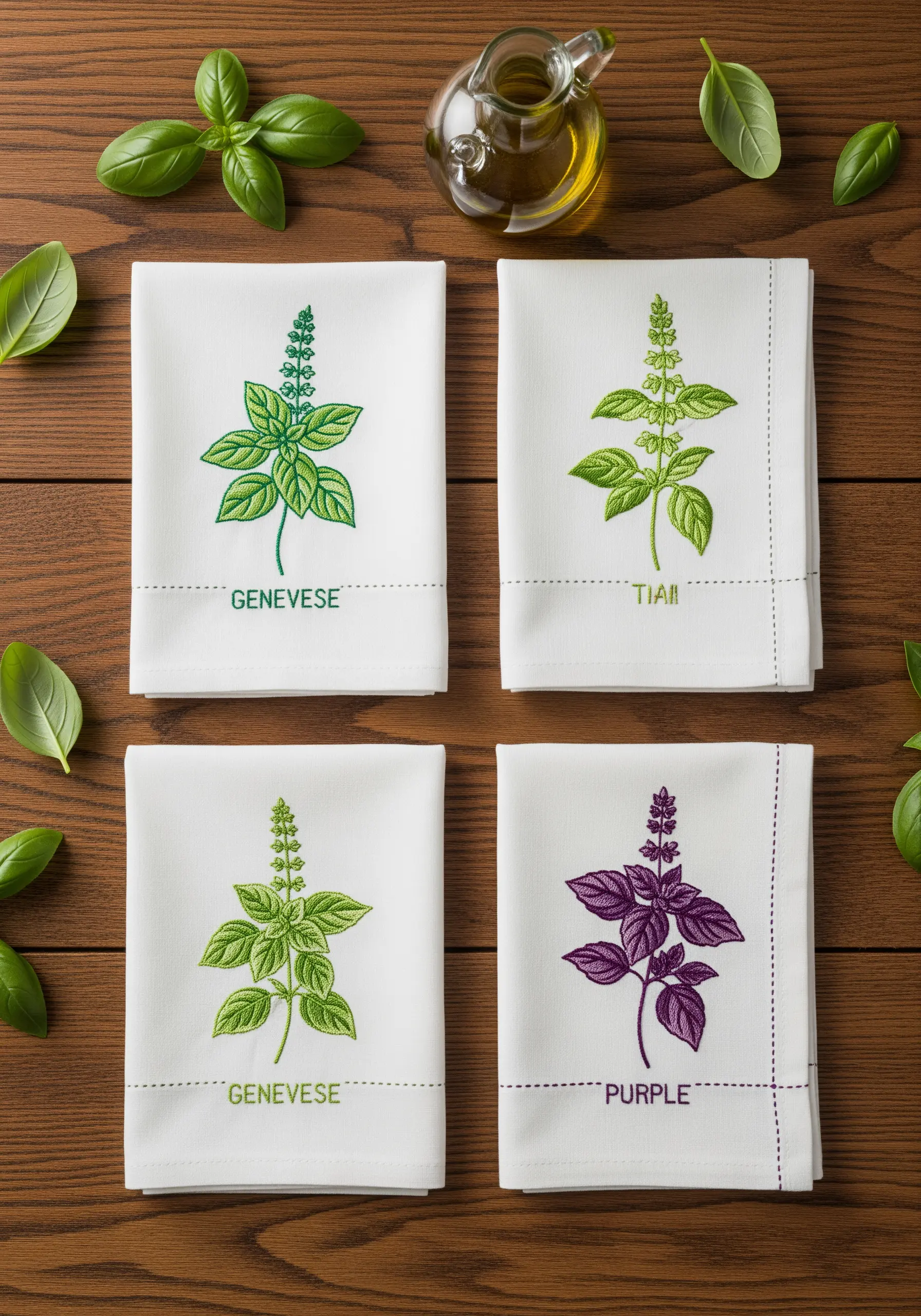 Four embroidered basil varieties on white napkins, each with unique green and purple shades.