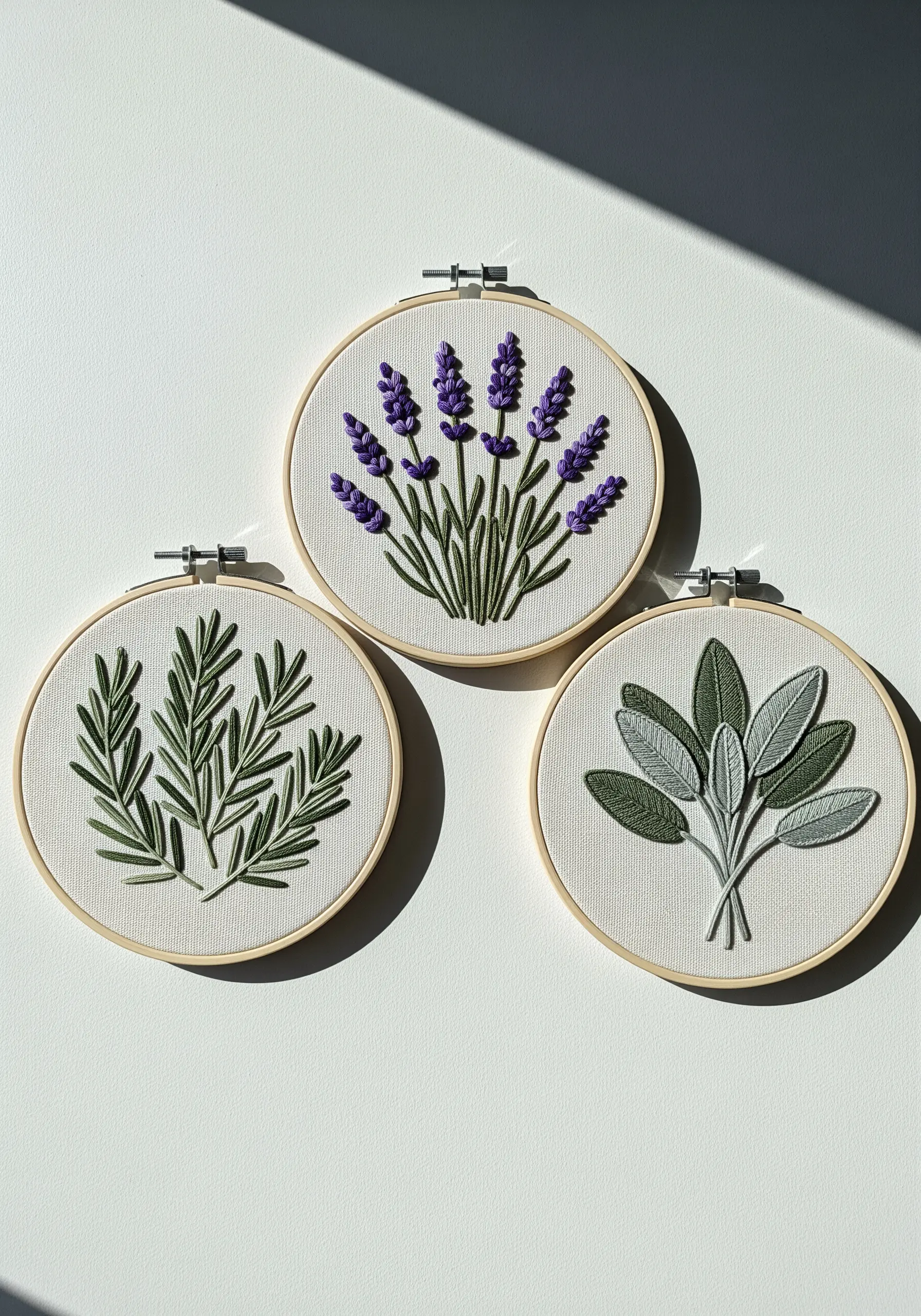Three embroidery hoops displaying different herbs: rosemary, lavender, and sage.
