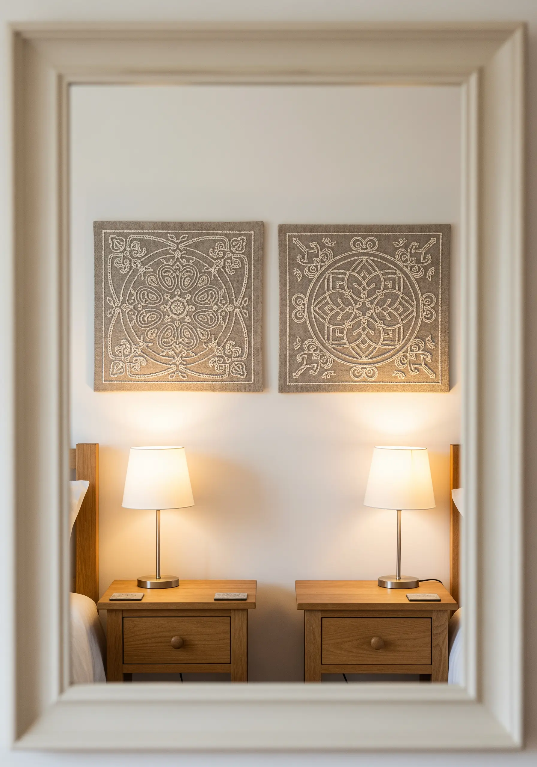 Two framed embroidery pieces with white-on-taupe geometric mandala designs above a bed.