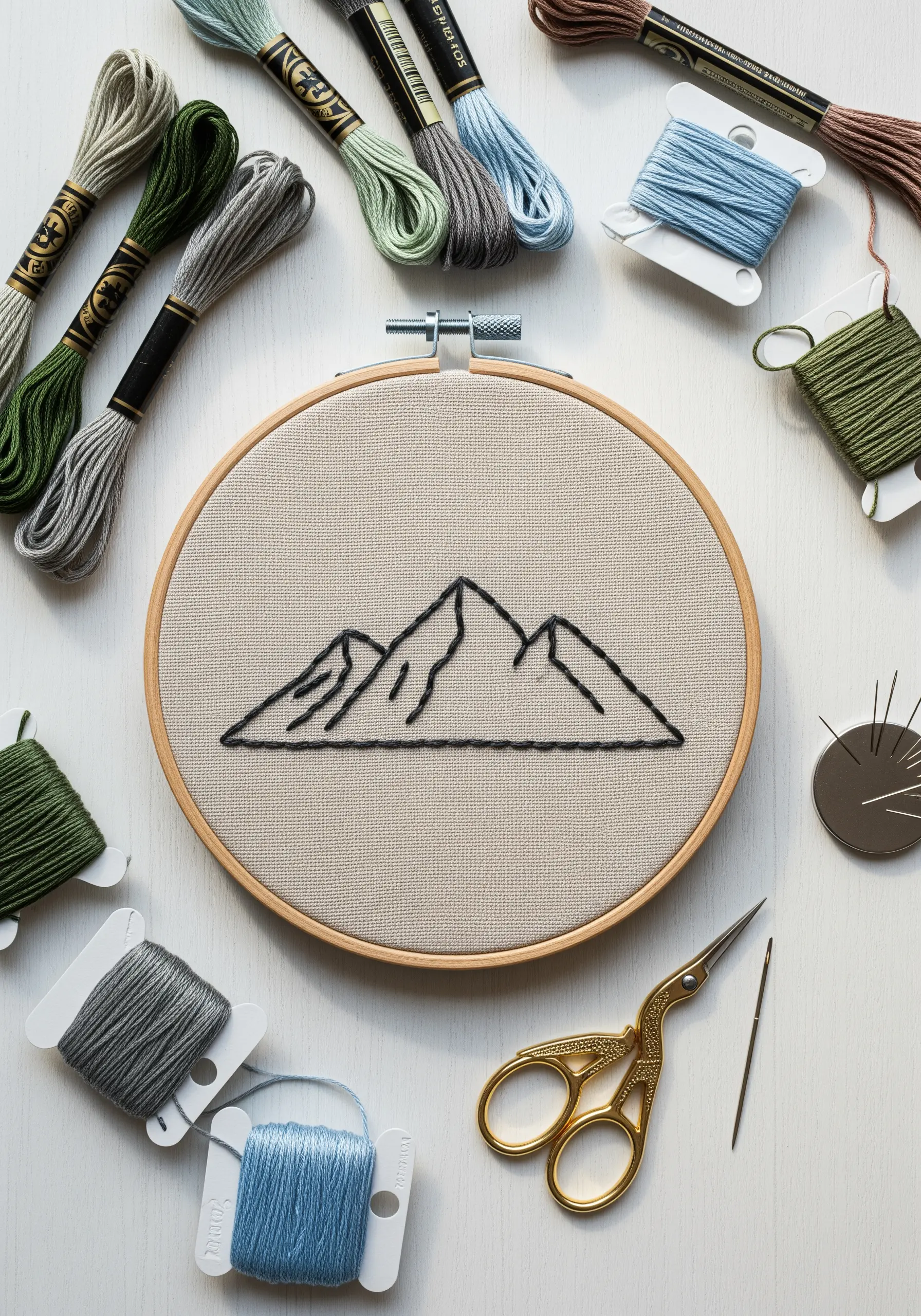 Minimalist mountain range outline stitched in black thread on a neutral fabric hoop.