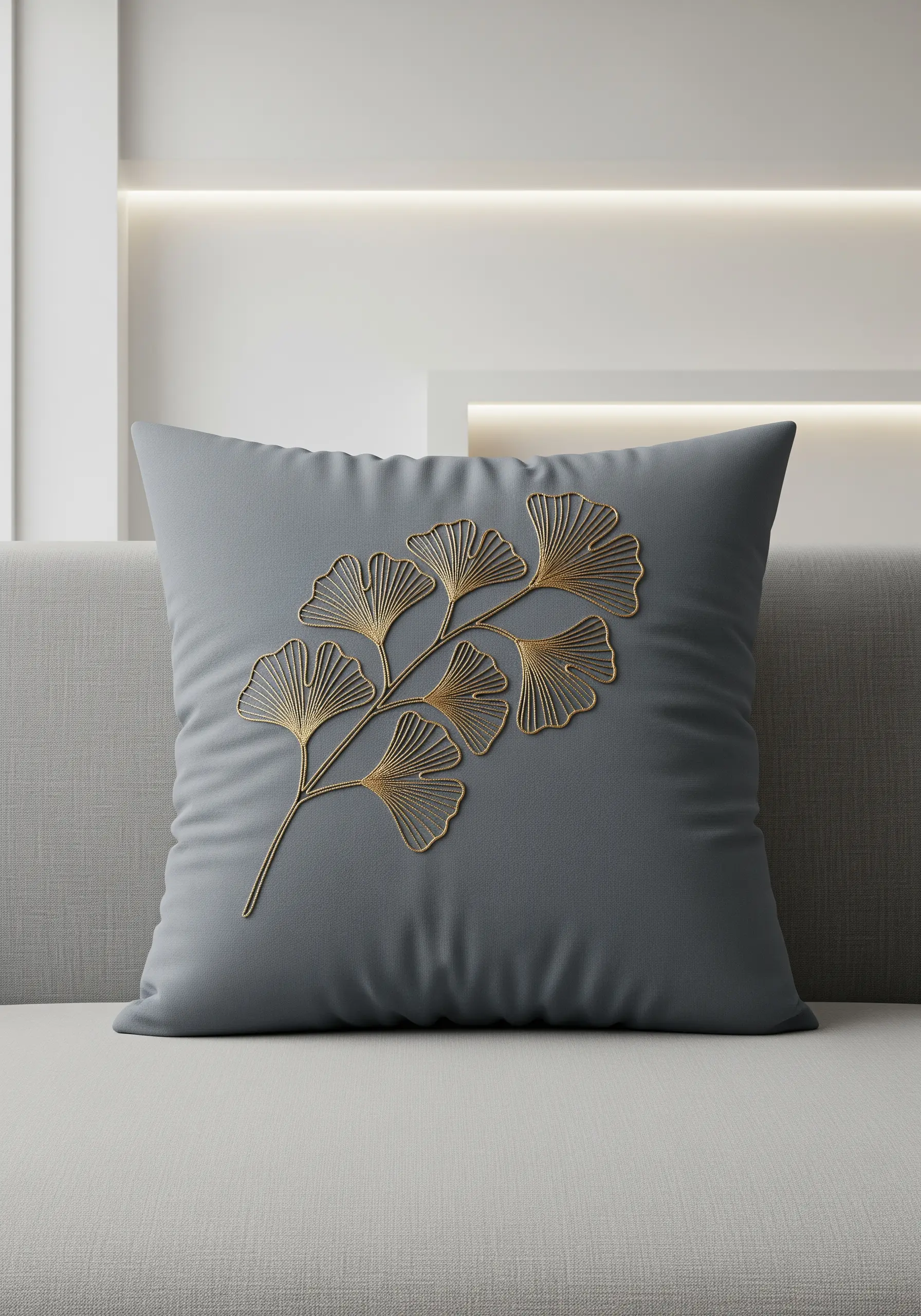 Minimalist gold line art embroidery of a ginkgo branch on a gray pillow.