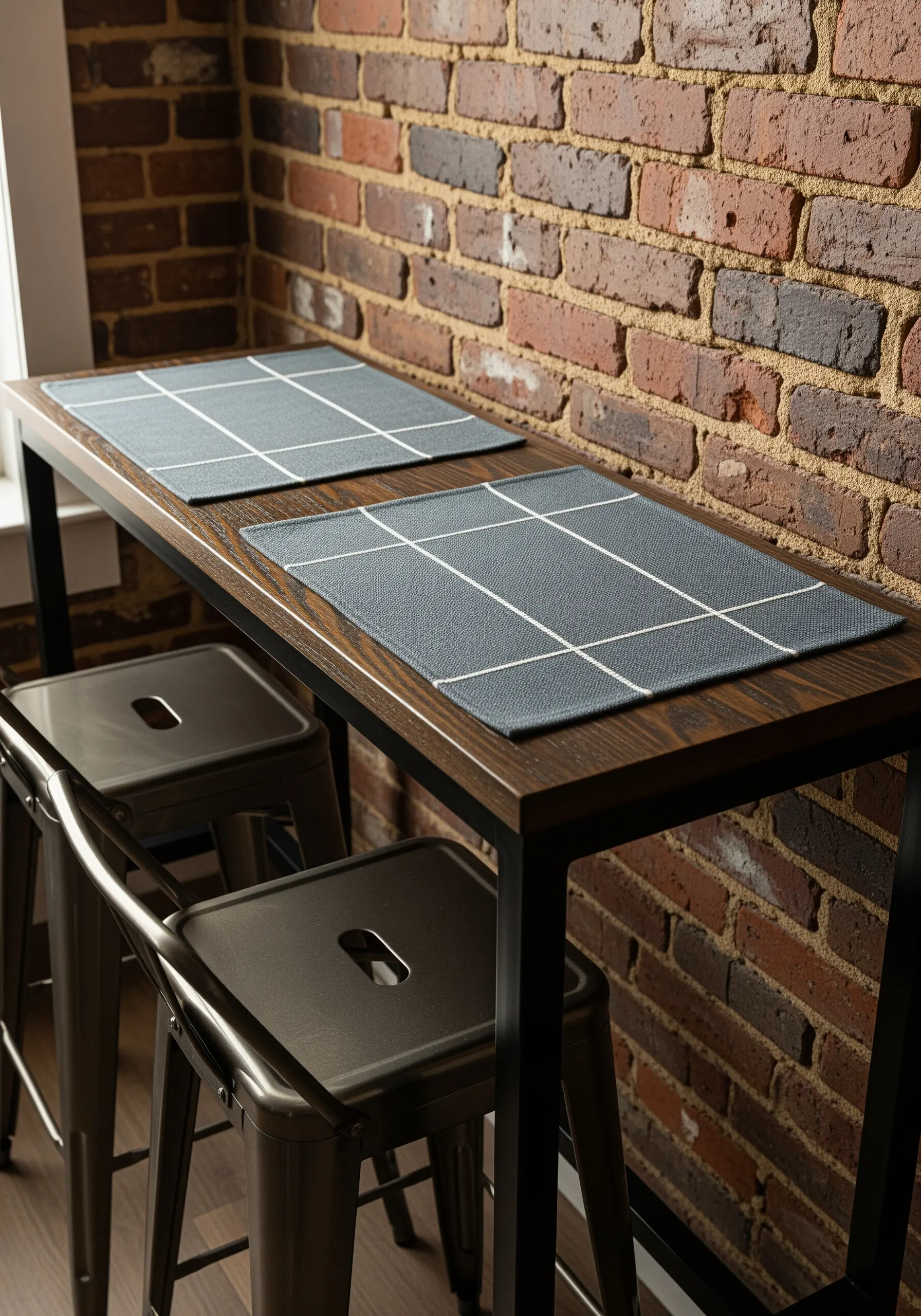 Minimalist placemats with a clean, white embroidered grid on dark gray fabric