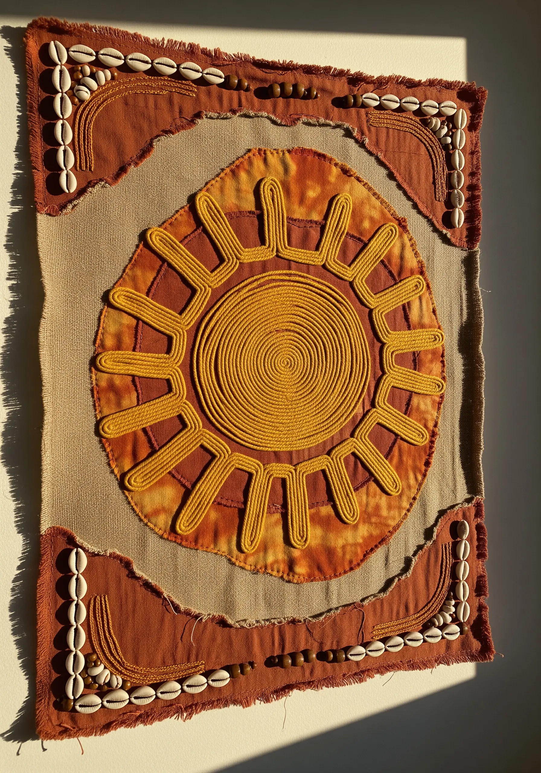 Boho sun tapestry with a central motif made from couched thick yellow cord and shell borders.