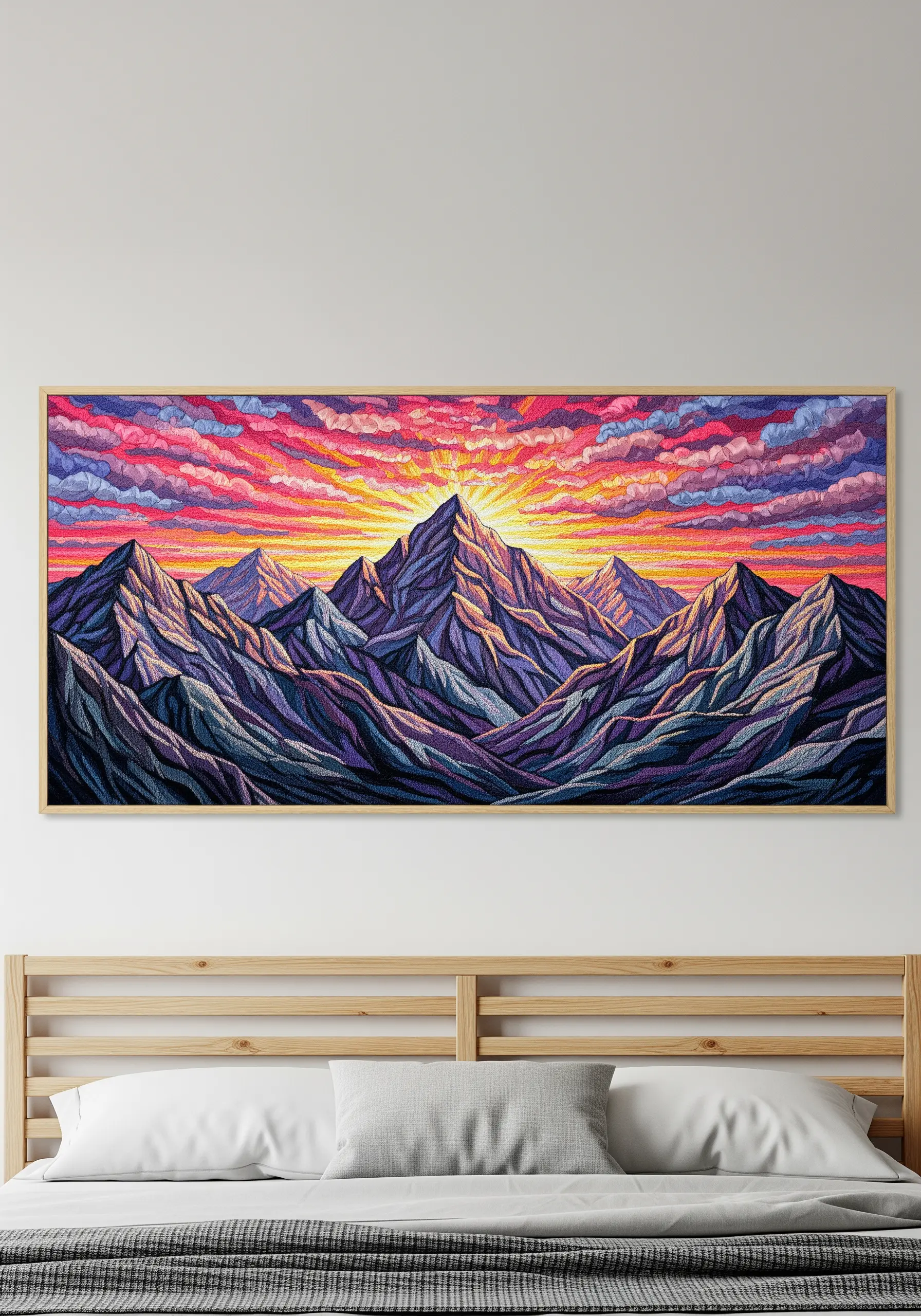 A wide, framed embroidery of a mountain range at sunset with a dramatic, colorful sky.