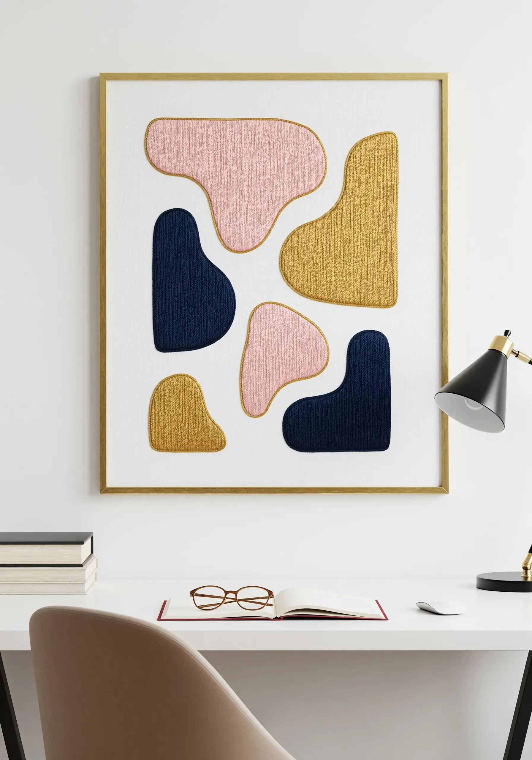 Framed wall art with abstract organic shapes filled with stitch texture and defined by gold outlines.