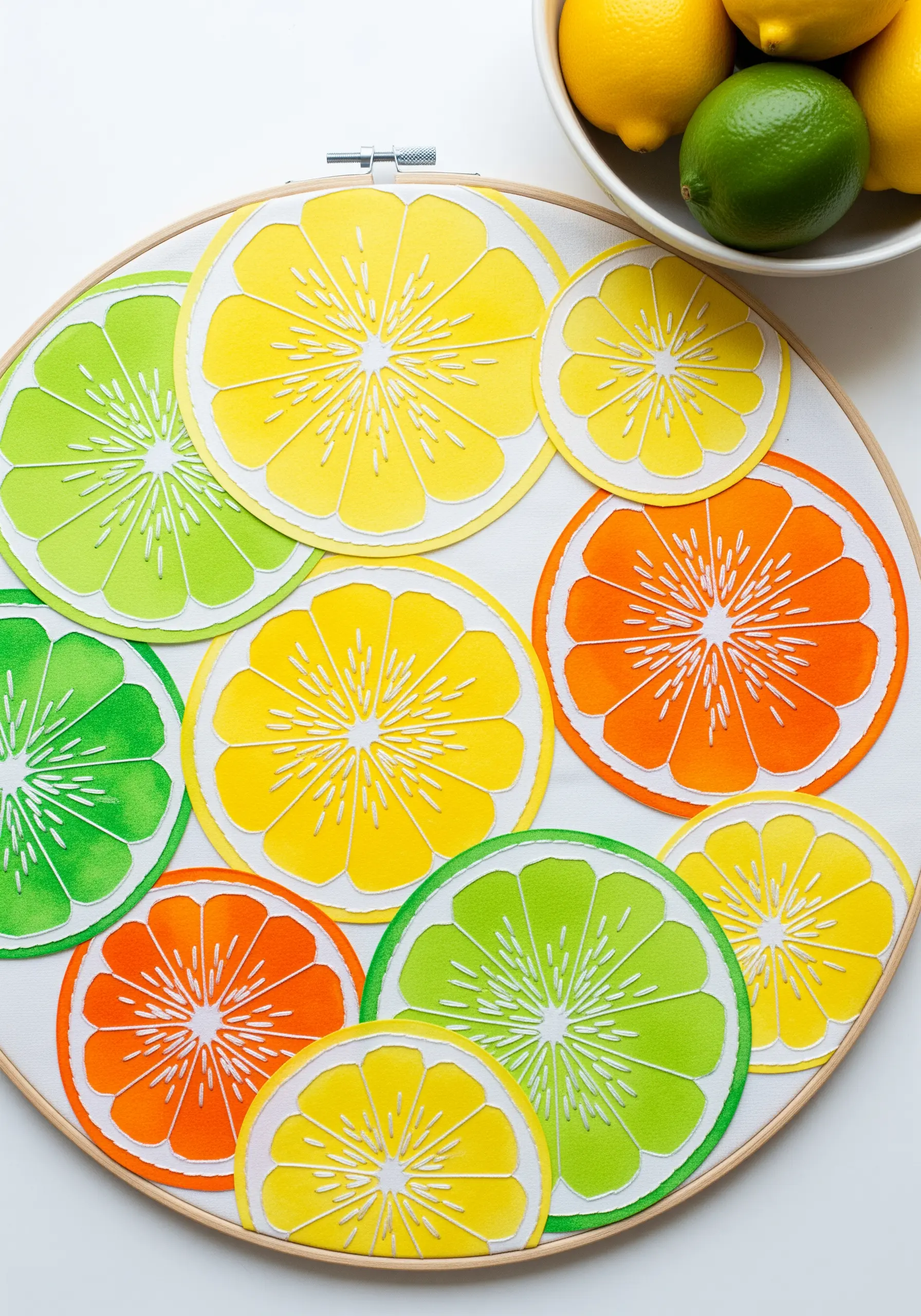 A vibrant collage of watercolor paper citrus slices detailed with white embroidery stitches.