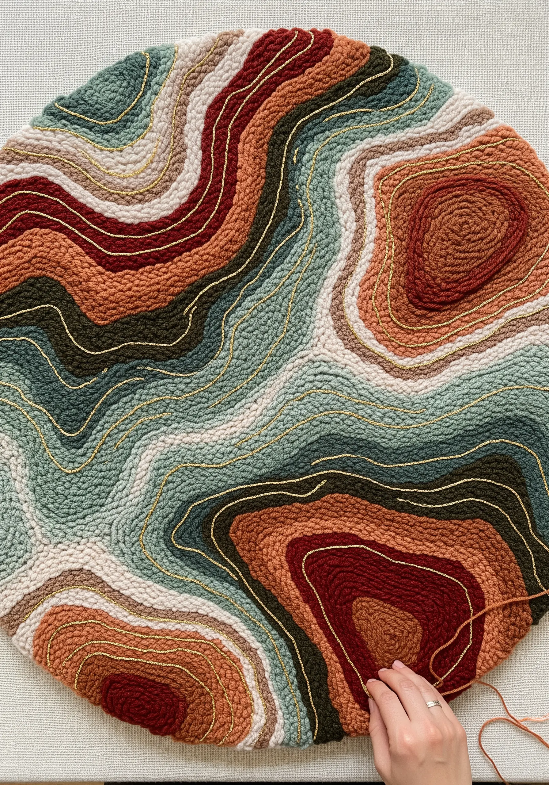 Close-up of a circular punch needle piece with earthy colors and gold thread outlines.