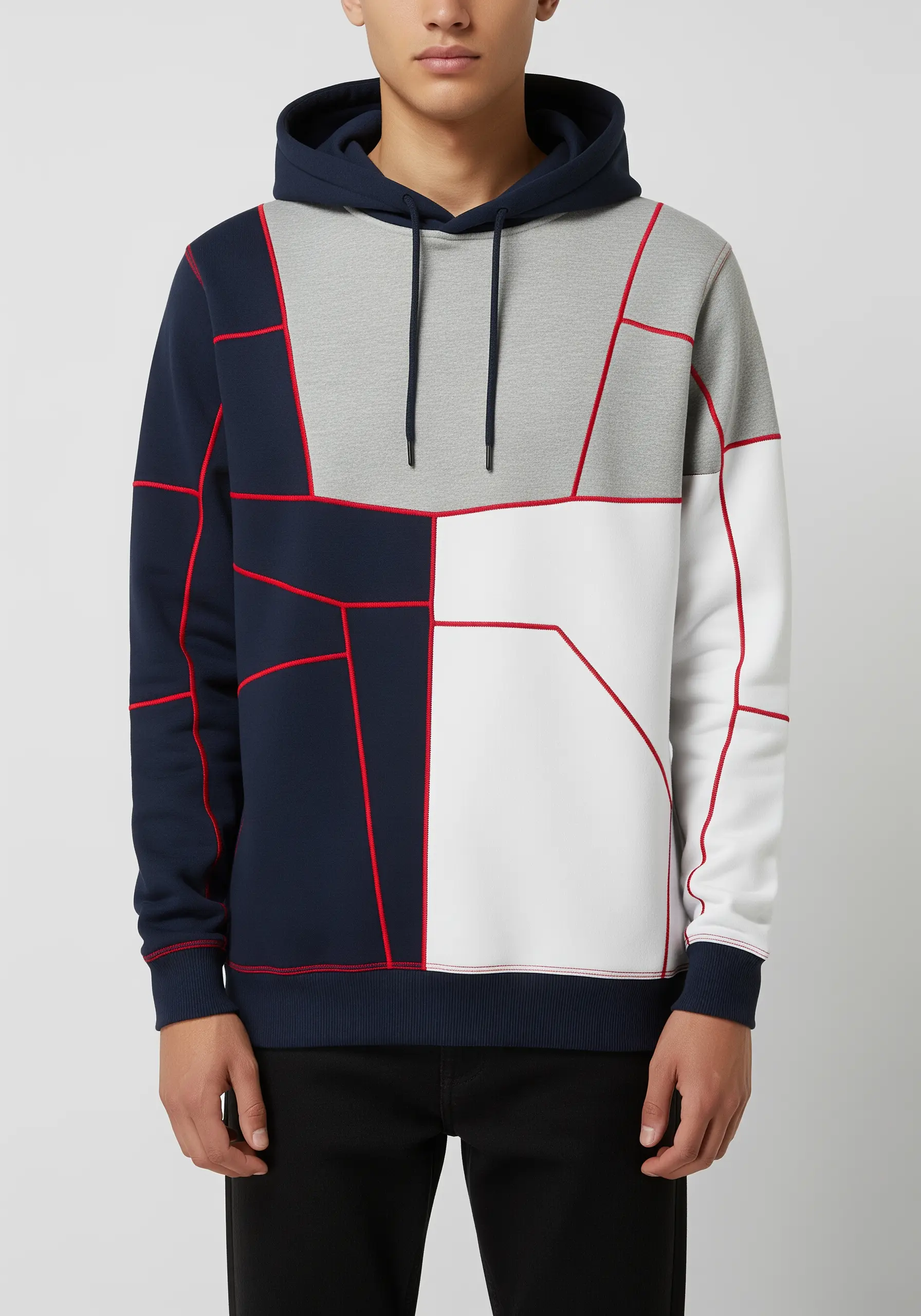 A color-blocked hoodie with bold red embroidery tracing the seams between panels.