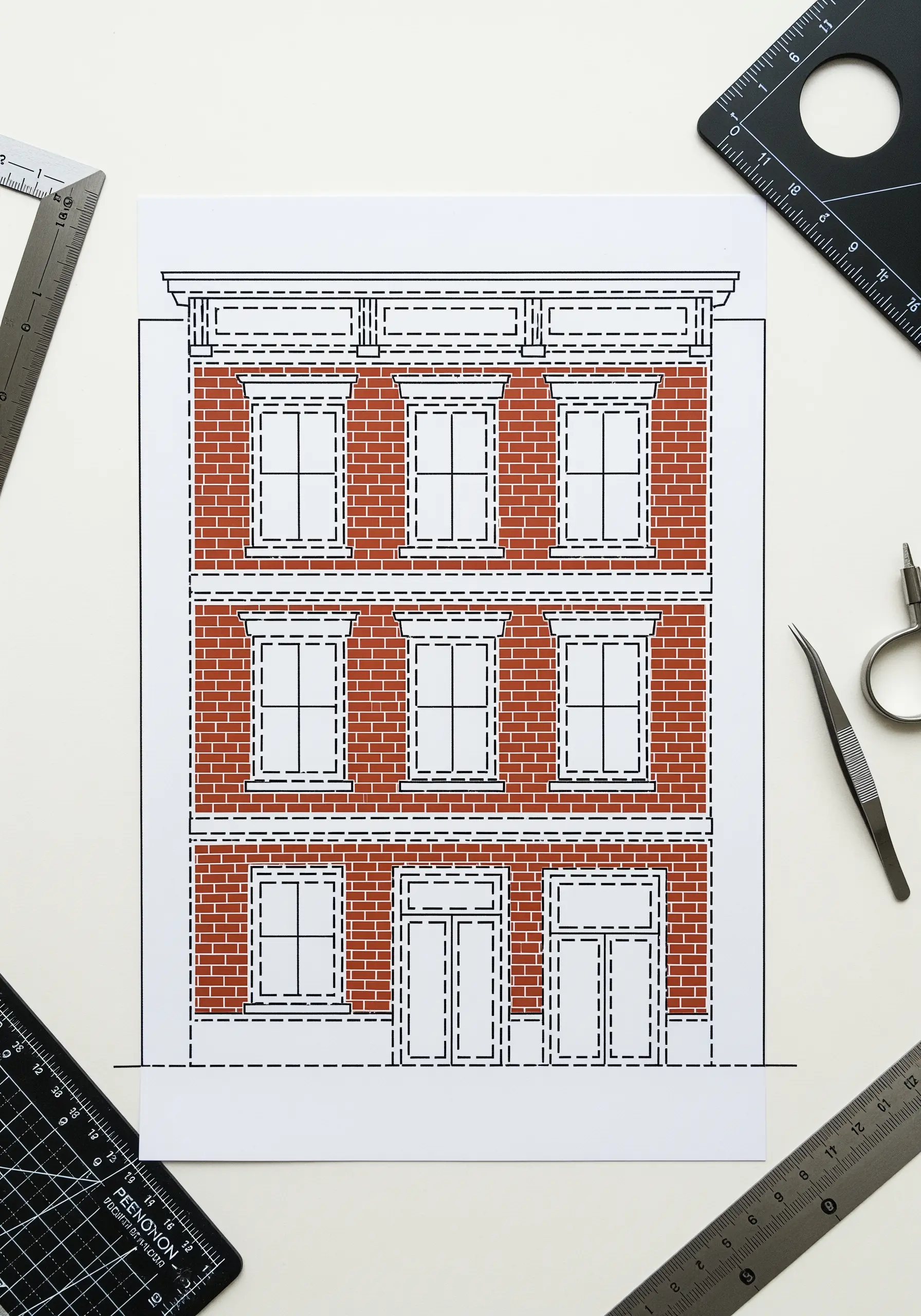 A graphic illustration of a brick building where windows and details are outlined with dashed lines.