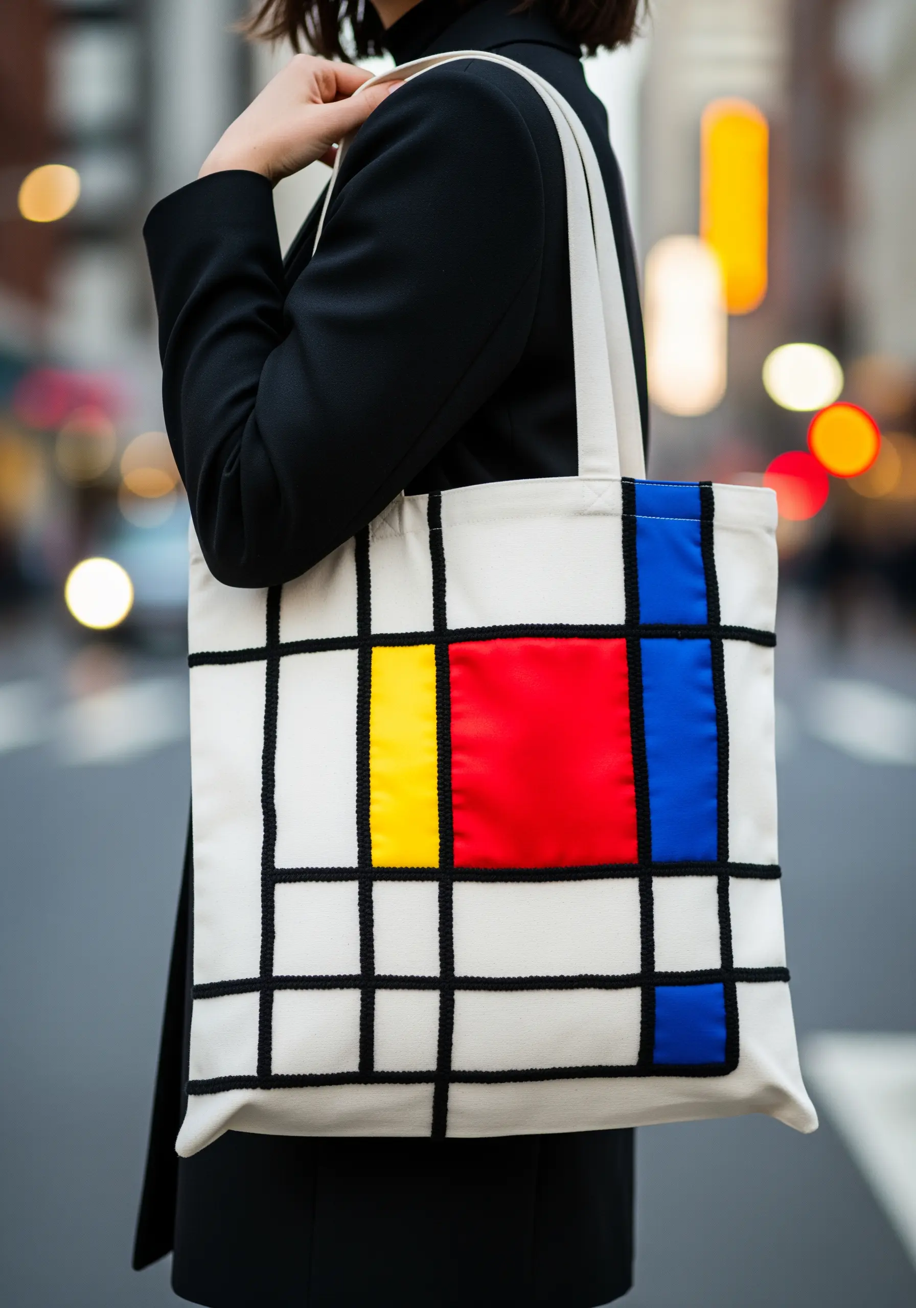 Mondrian-style color block grid with satin-stitched red, yellow, and blue rectangles.