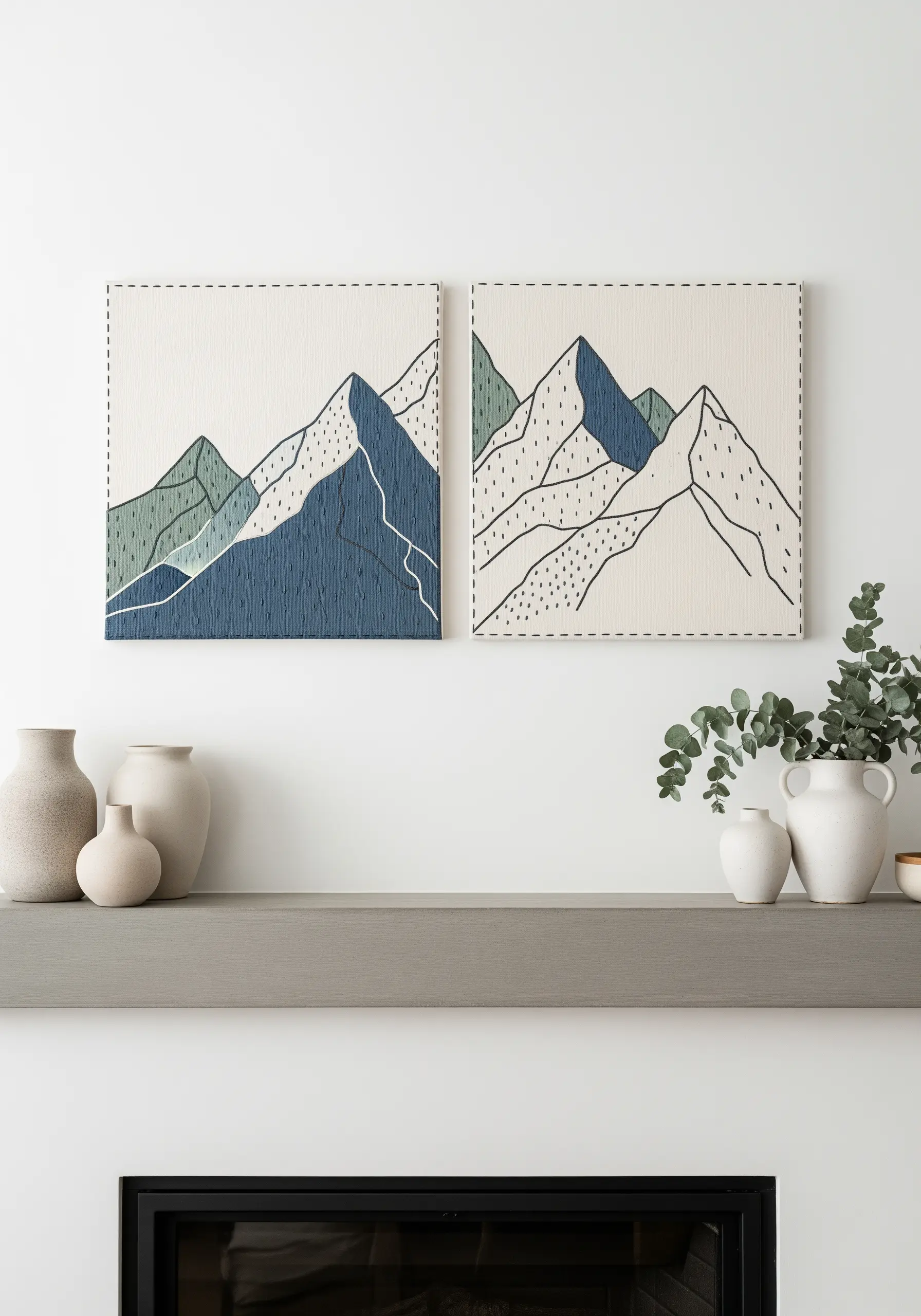 A diptych of two canvases showing a mountain range with color-blocked embroidery.
