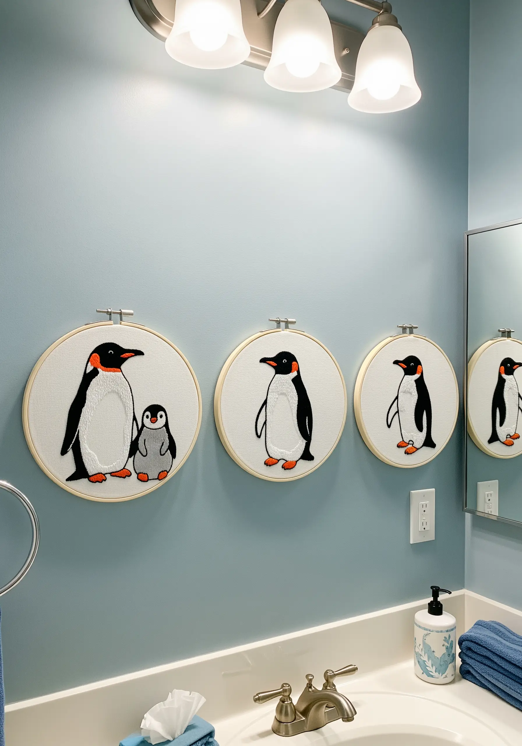 A trio of penguin family hoops using crisp black outlines and negative space.