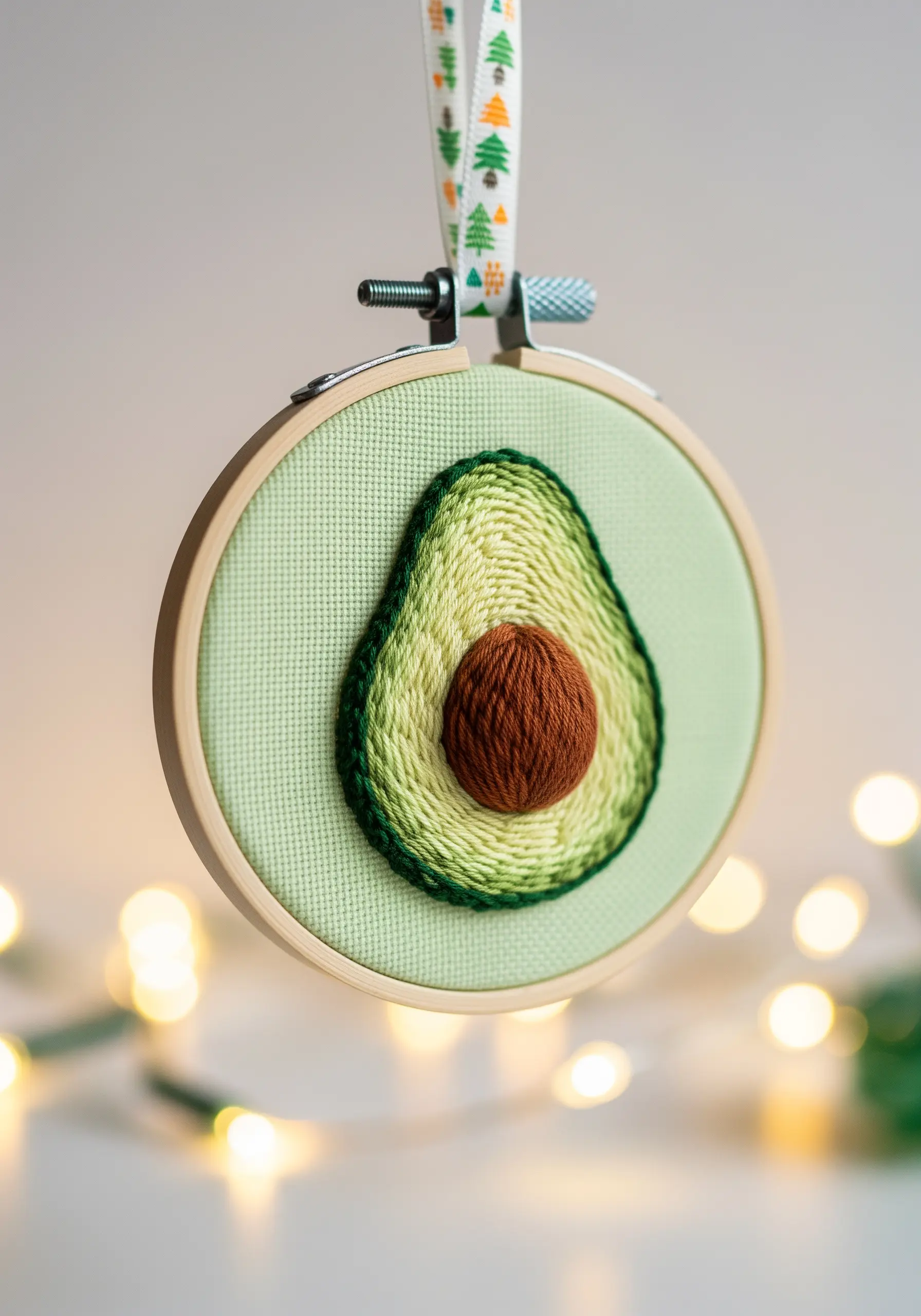 An embroidered avocado in a small hoop, with directional satin stitches defining the pit and flesh.