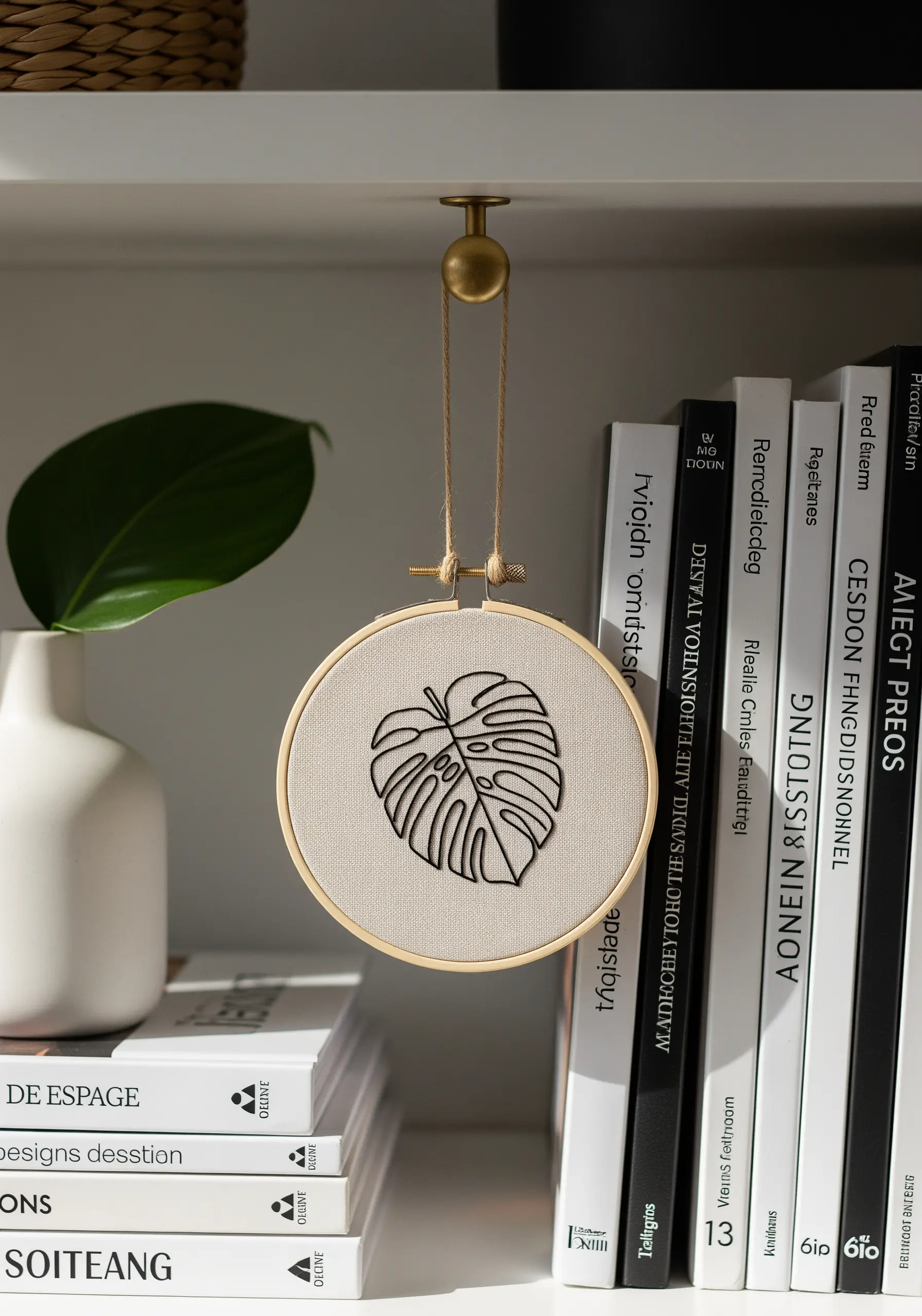 Minimalist black thread monstera leaf line art in an embroidery hoop.