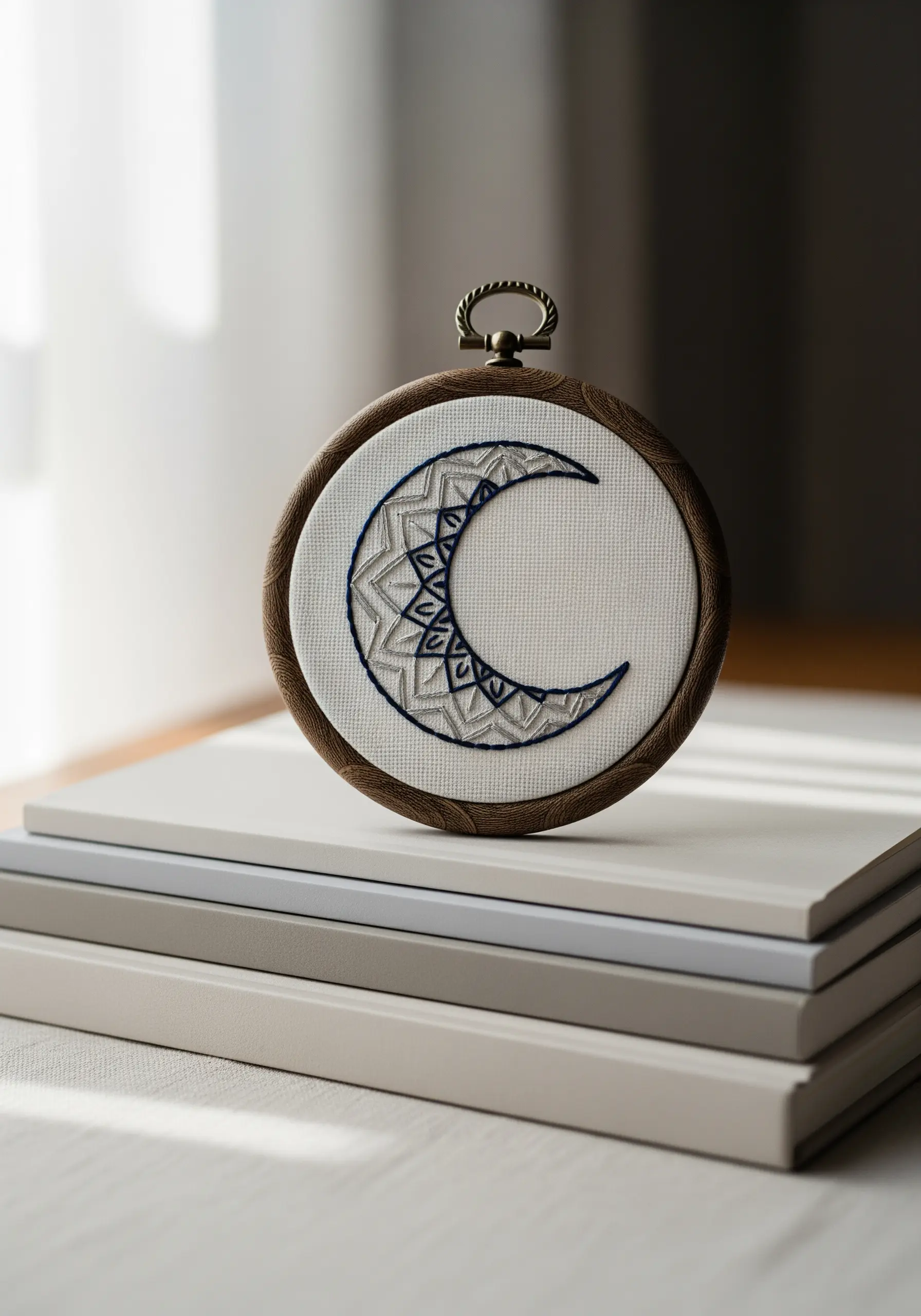 Embroidered crescent moon with an intricate mandala pattern inside a dark frame.