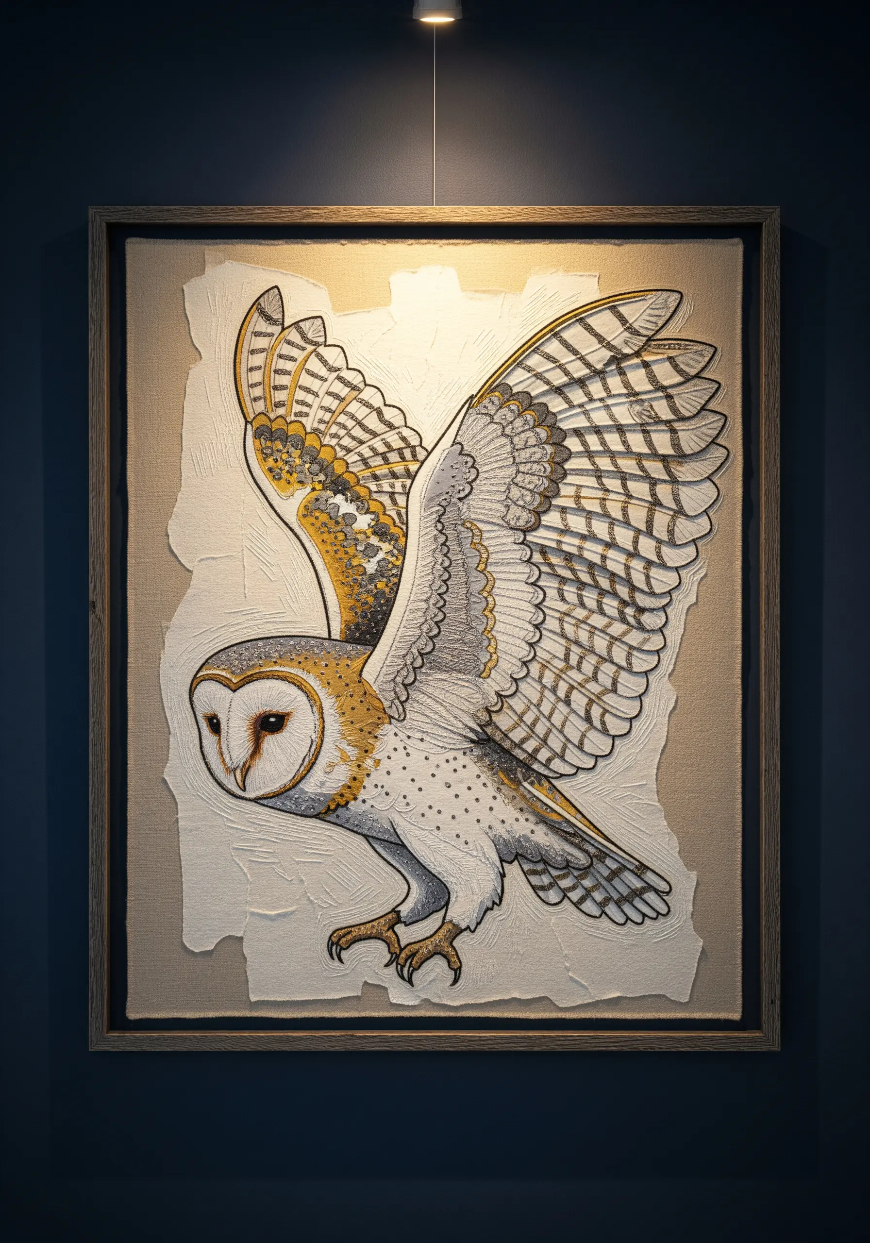 A barn owl in flight, created with fabric appliqué, black line art stitching, and gold thread accents.