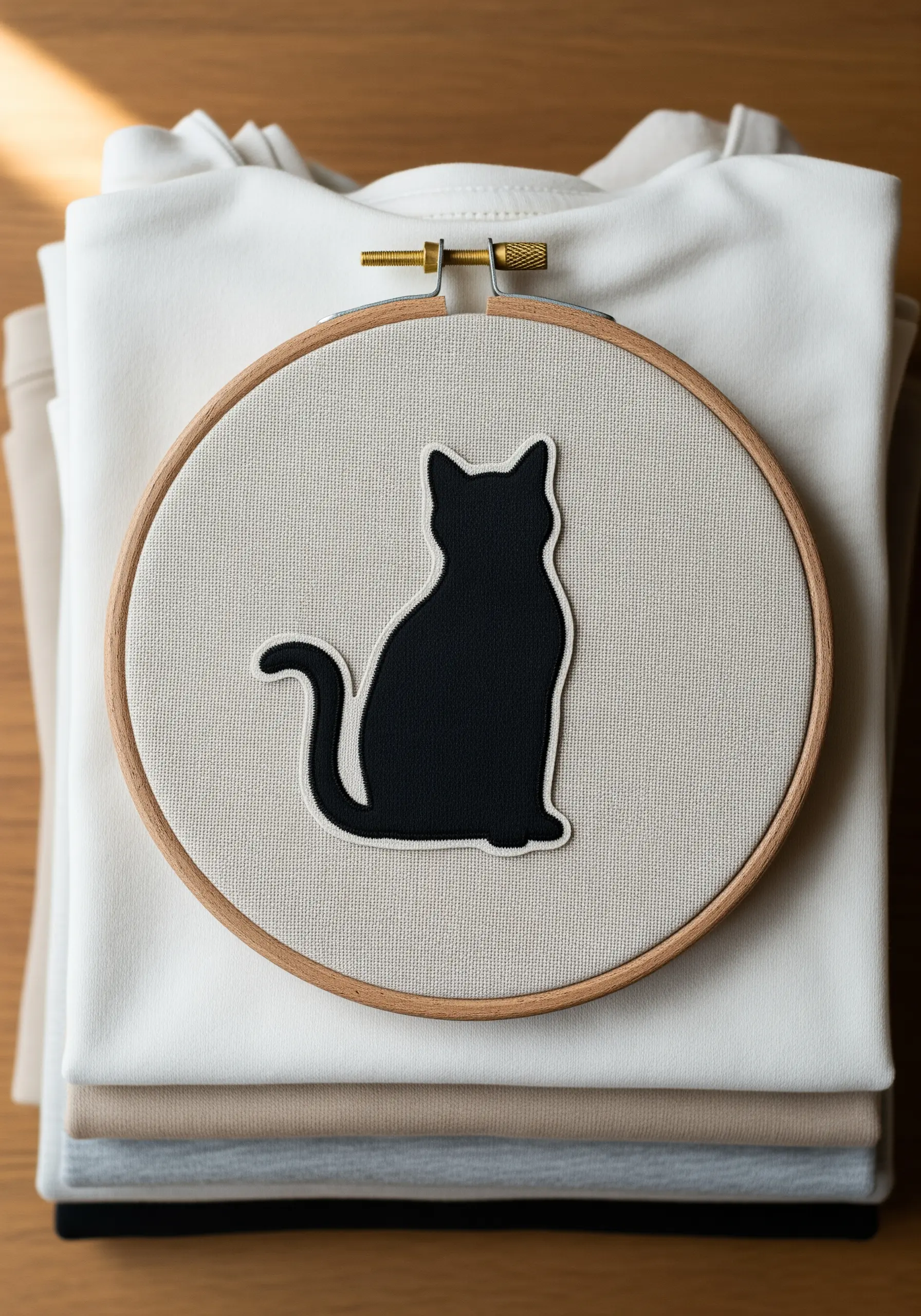 A black cat silhouette appliqué in an embroidery hoop, outlined with a clean satin stitch border.
