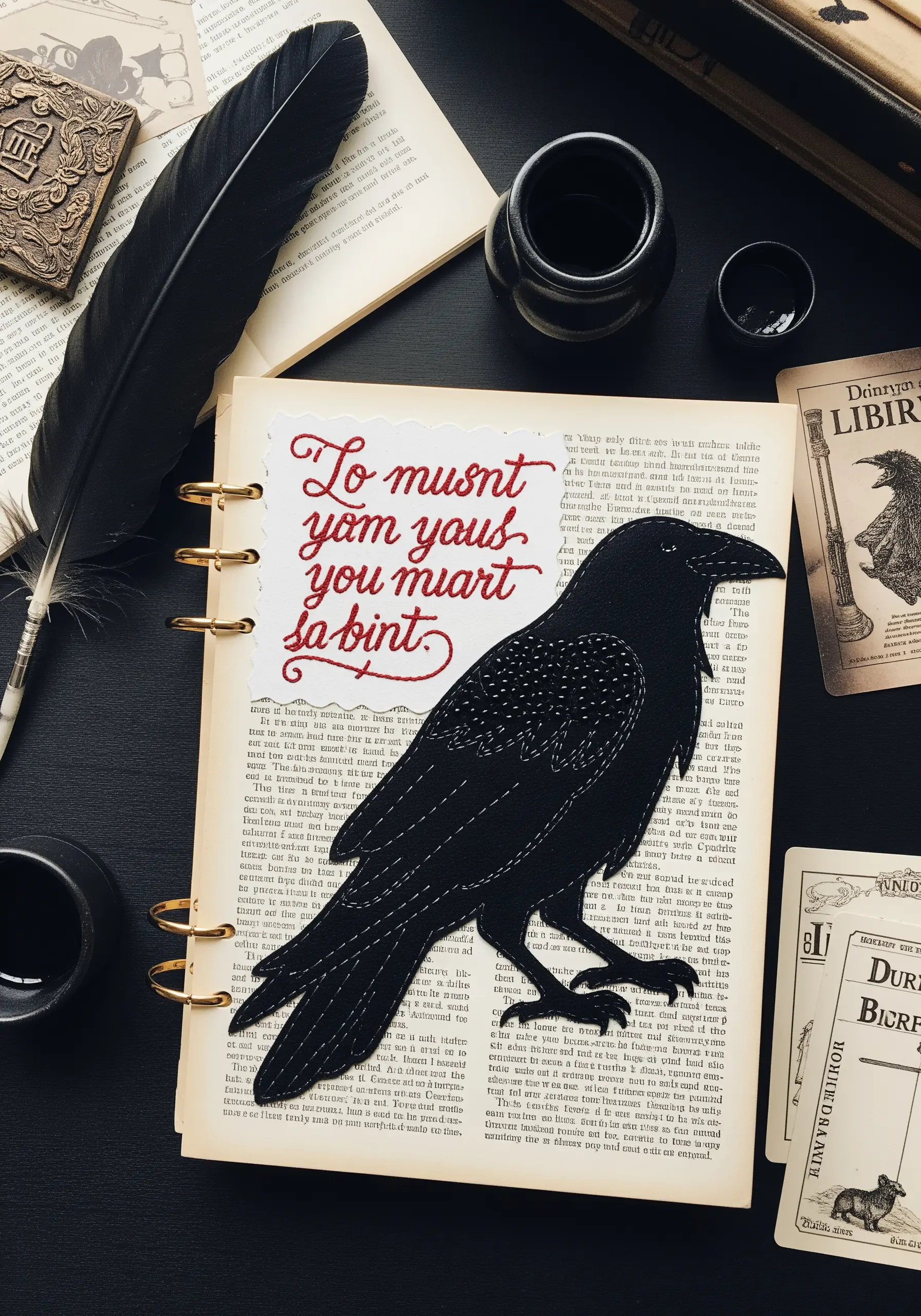 A black paper cutout of a raven stitched with white thread onto a book page.