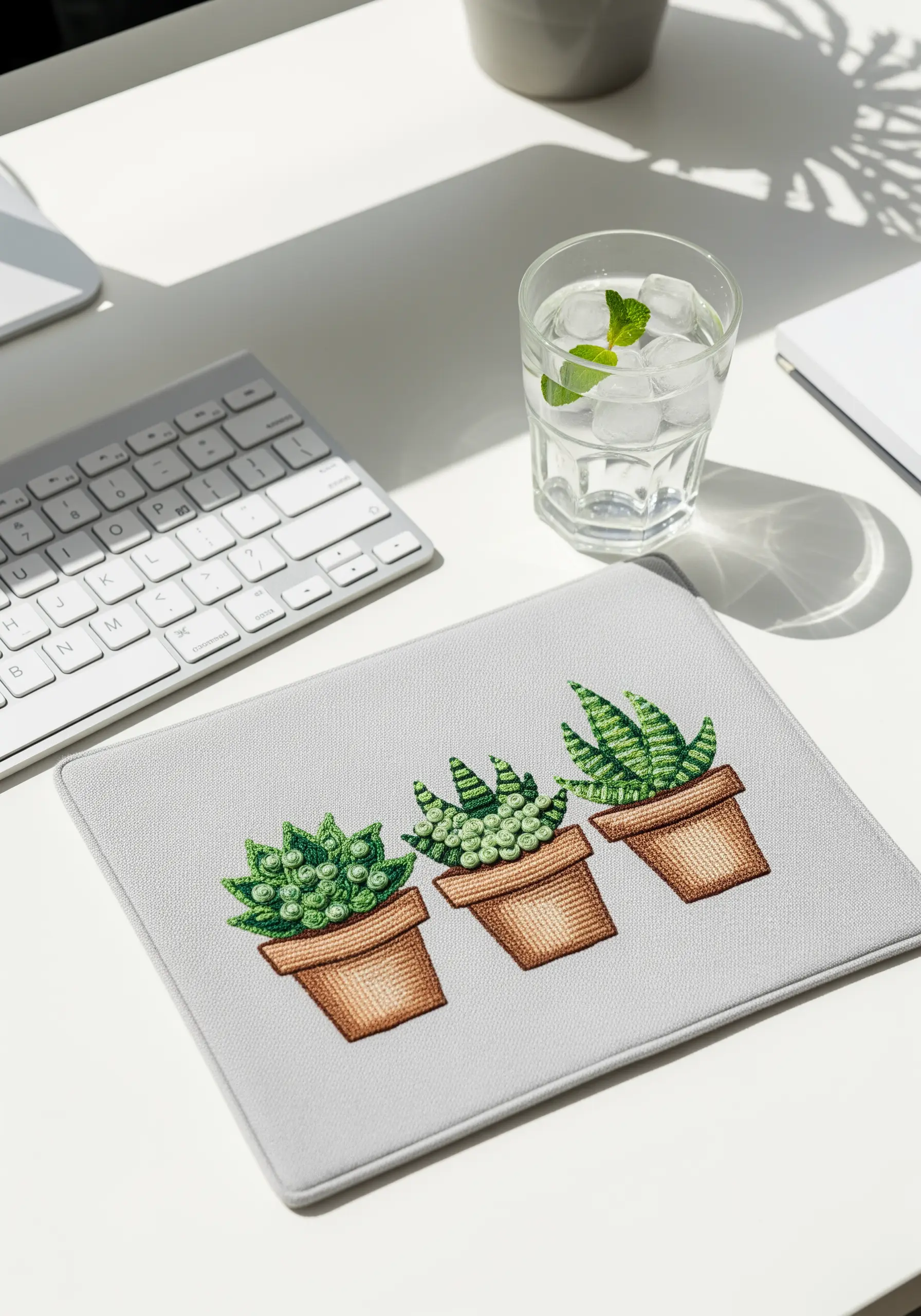 Three detailed embroidered succulent plants in terracotta pots on a gray mug rug.