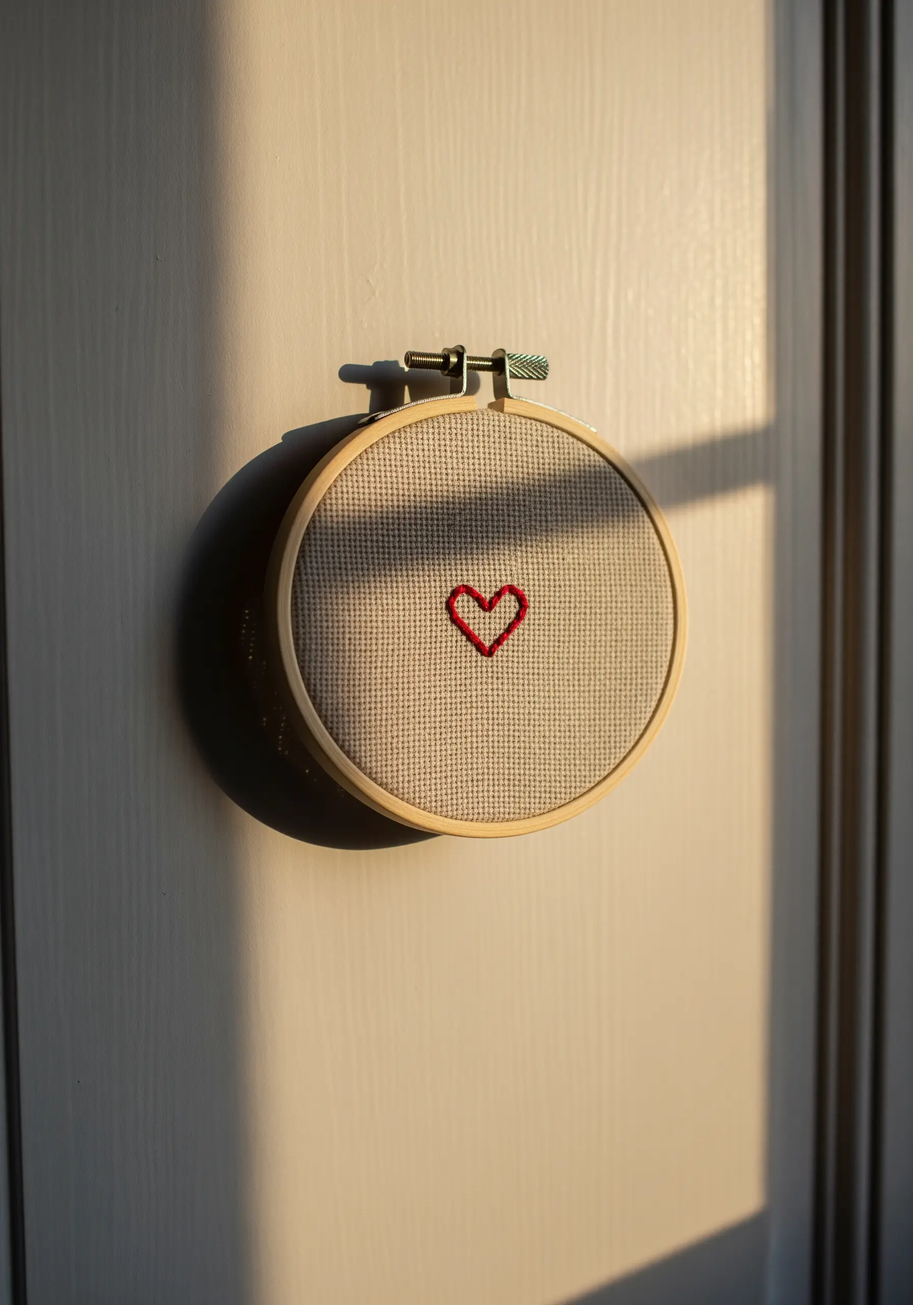 A tiny, minimalist red heart outline stitched on off-white Aida cloth.
