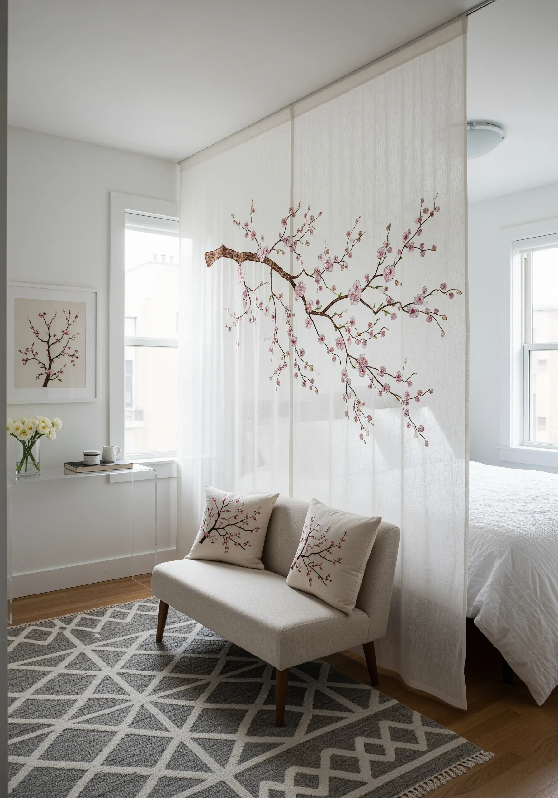 A sheer curtain embroidered with a cherry blossom branch acts as a room divider.