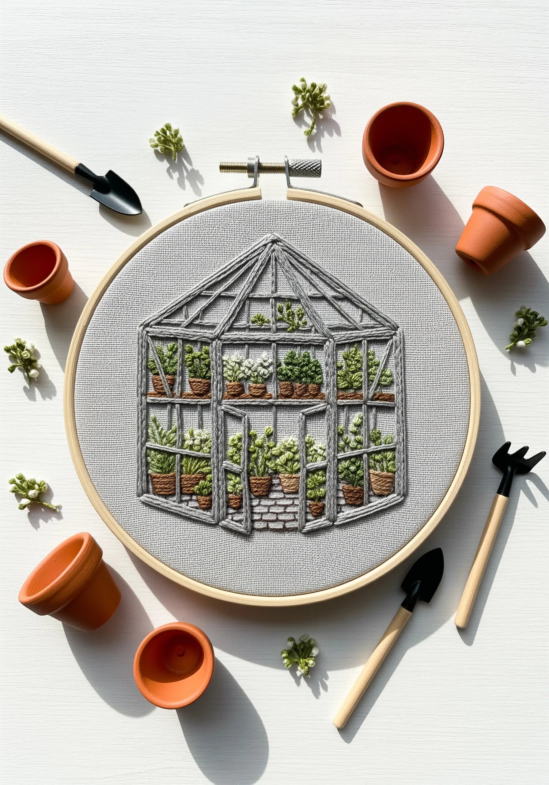 Intricate embroidery of a greenhouse filled with tiny potted plants on grey fabric.