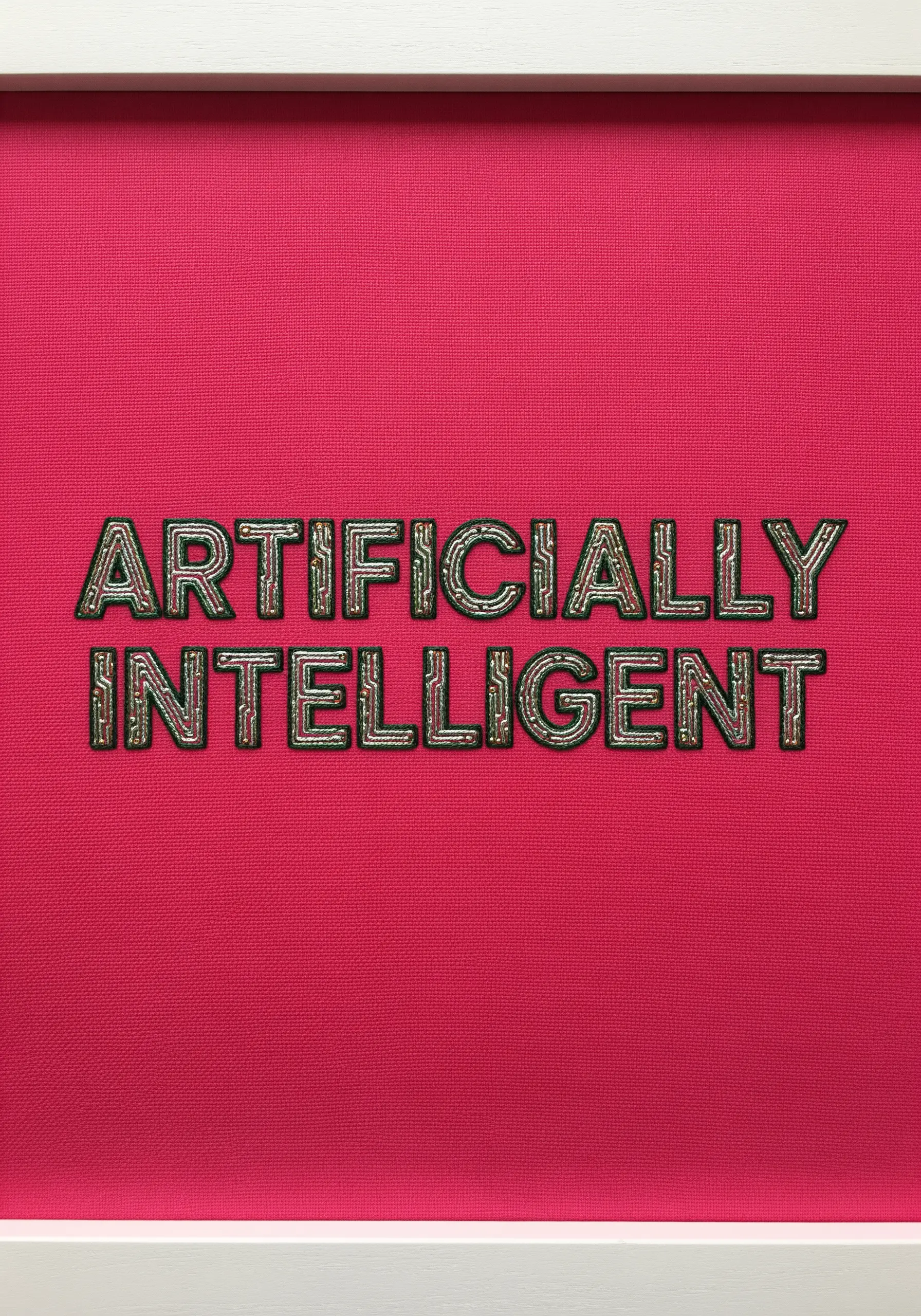 The words 'Artificially Intelligent' embroidered with a metallic, circuit-board-like texture.