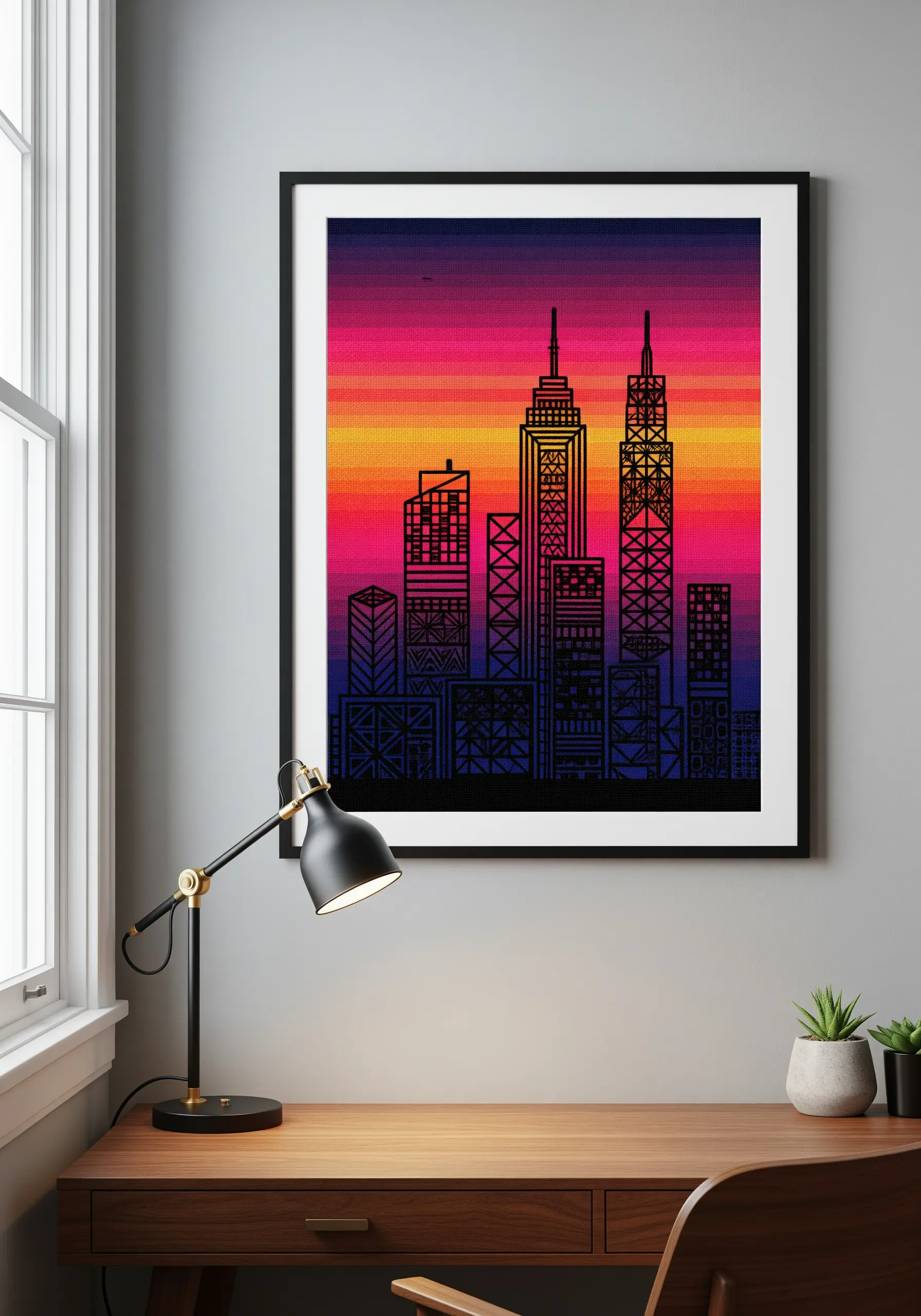 Geometric city skyline embroidery against a sunset