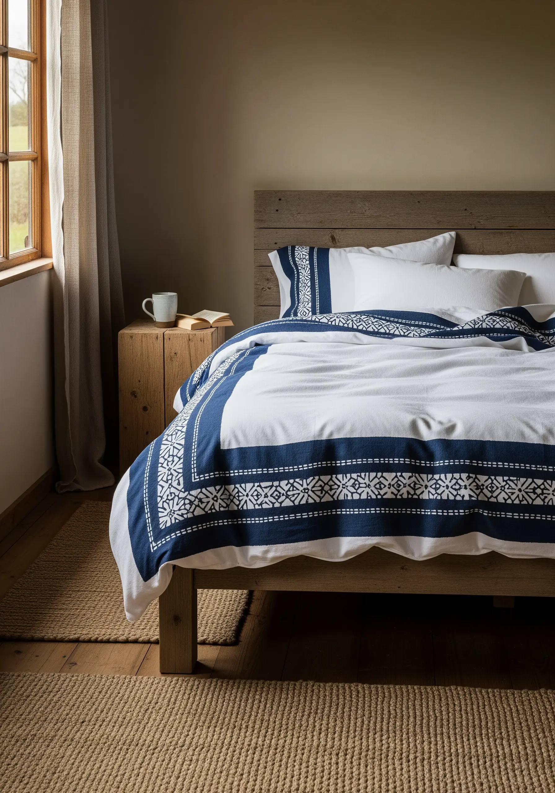 White duvet cover with a bold navy blue geometric embroidered border.