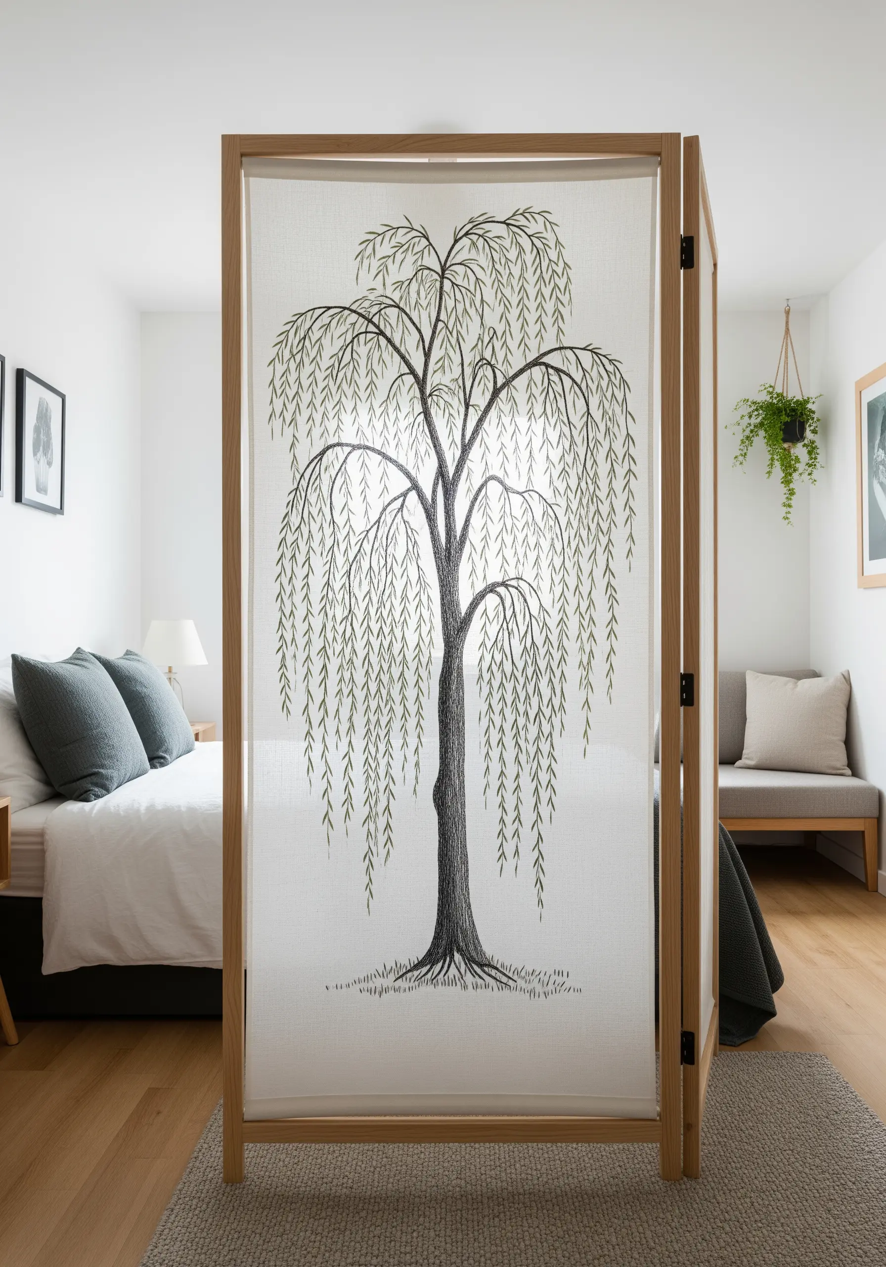 A three-panel wooden room divider with an embroidered weeping willow tree.
