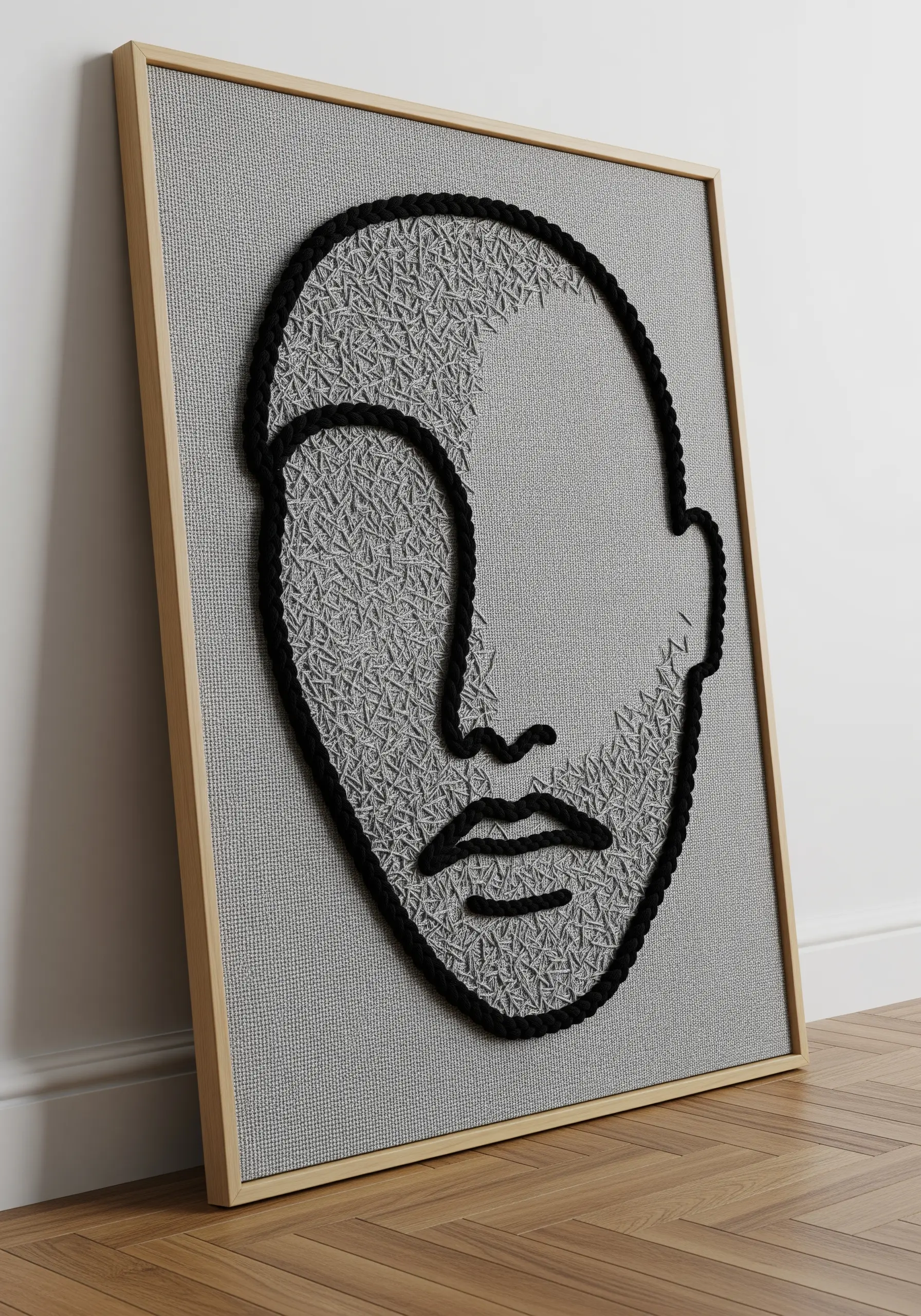 Grey textured embroidery background revealing a face in negative space