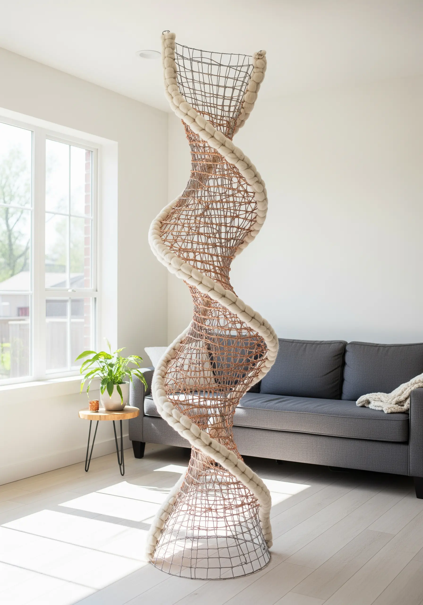 A large, twisting sculpture made of copper wire mesh with its edges wrapped in thick white wool.