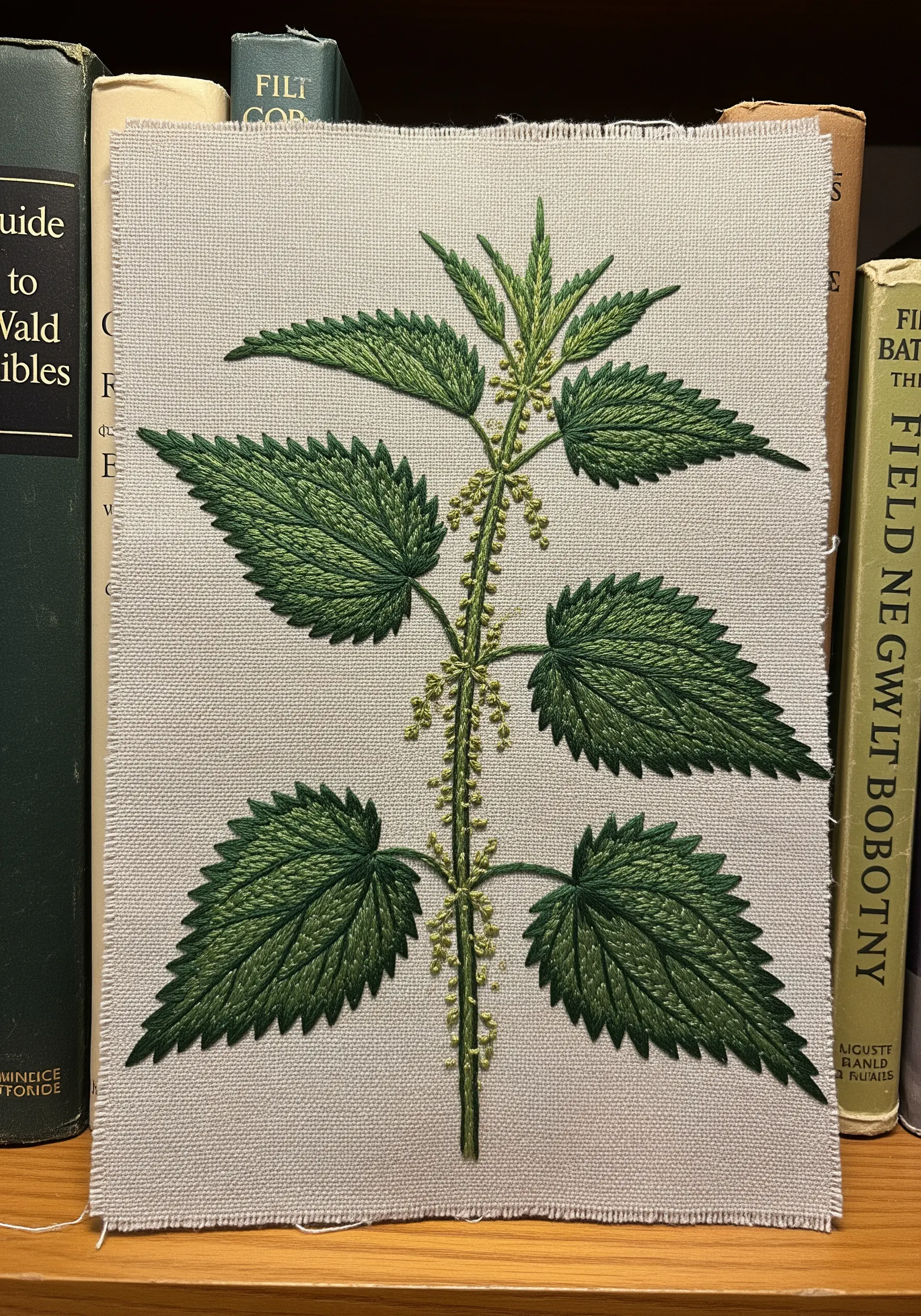 A realistic embroidery of a stinging nettle plant with detailed, serrated leaves.