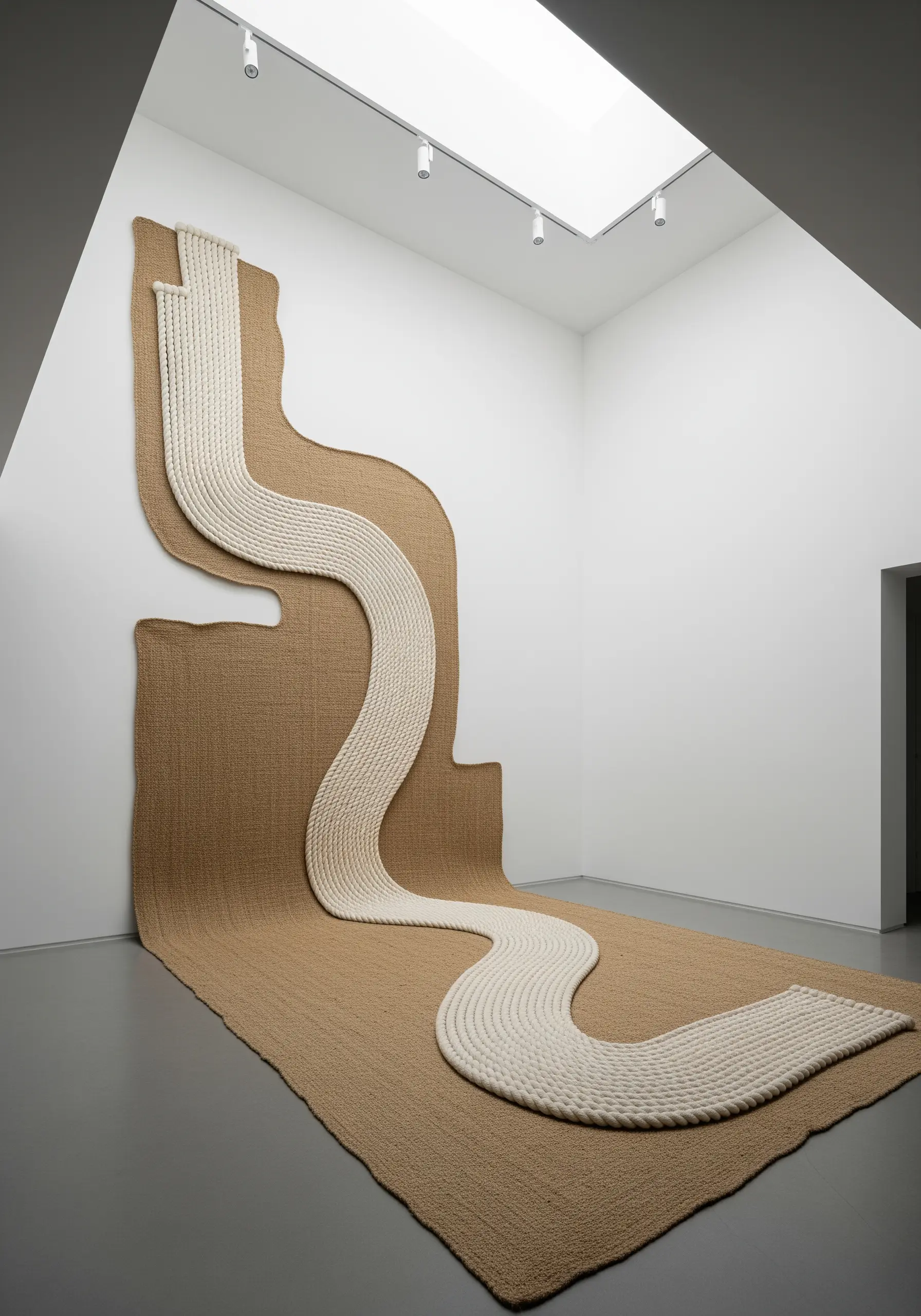 A massive textile installation with thick white rope couched onto burlap fabric on a wall and floor.
