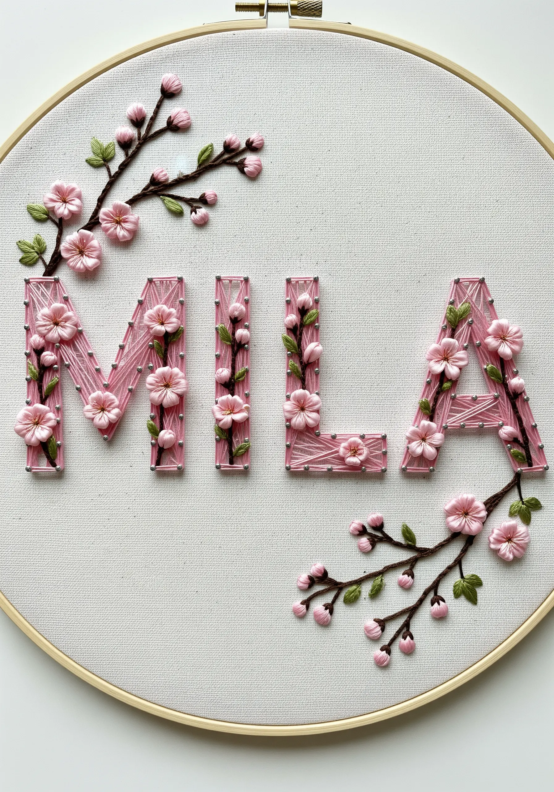 Embroidered name with 3D cherry blossoms stitched onto the letters and branches.