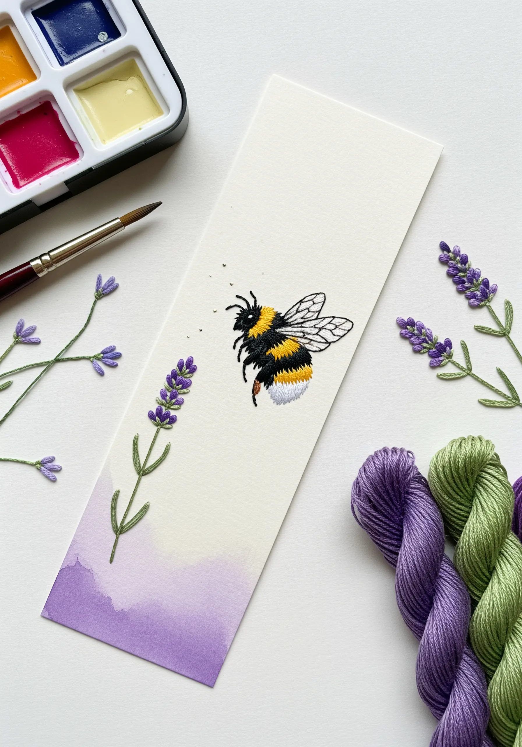 Embroidered bee and lavender on a bookmark with a purple watercolor wash background.