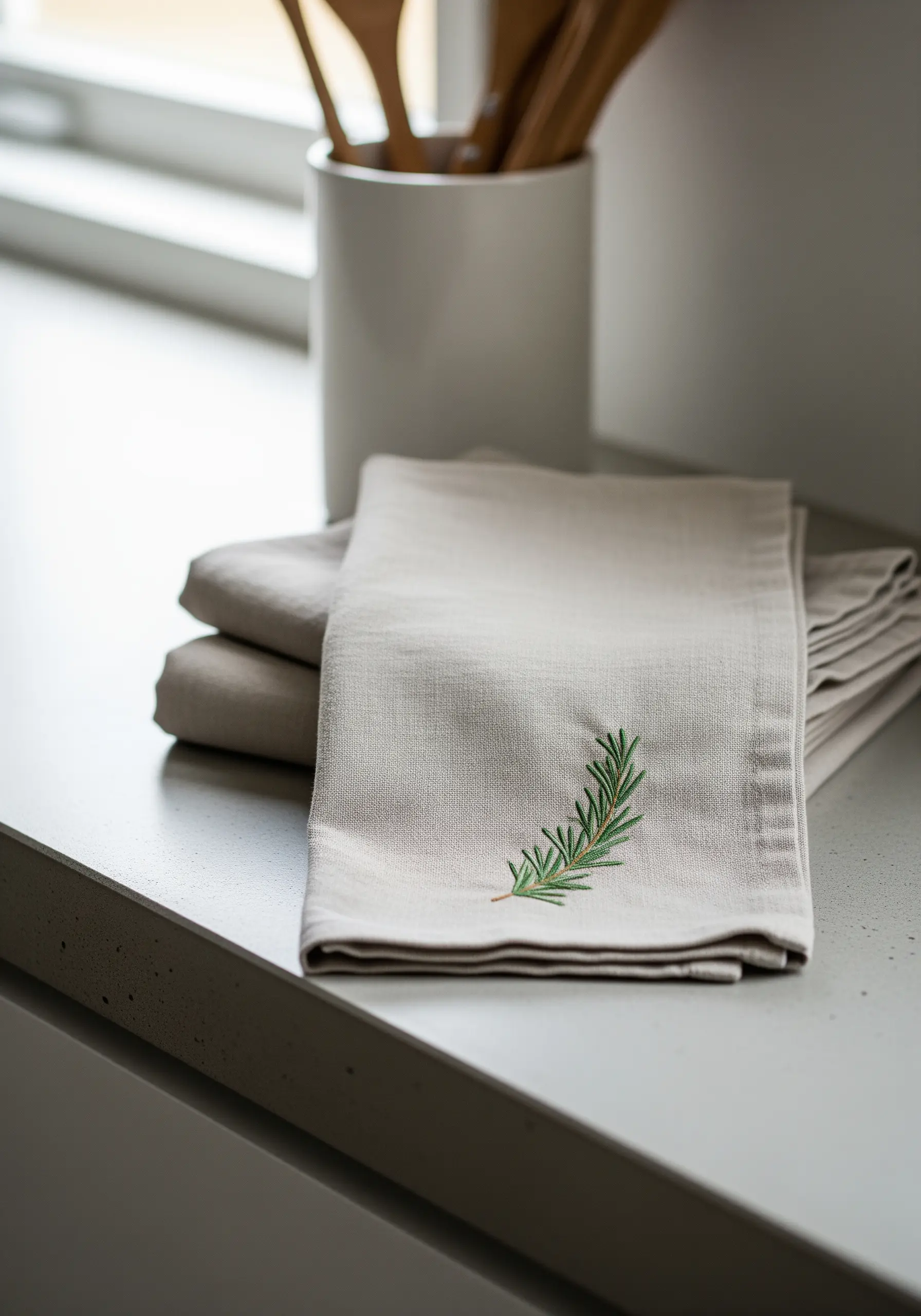 A single sprig of rosemary embroidered in green thread on the corner of a linen napkin.