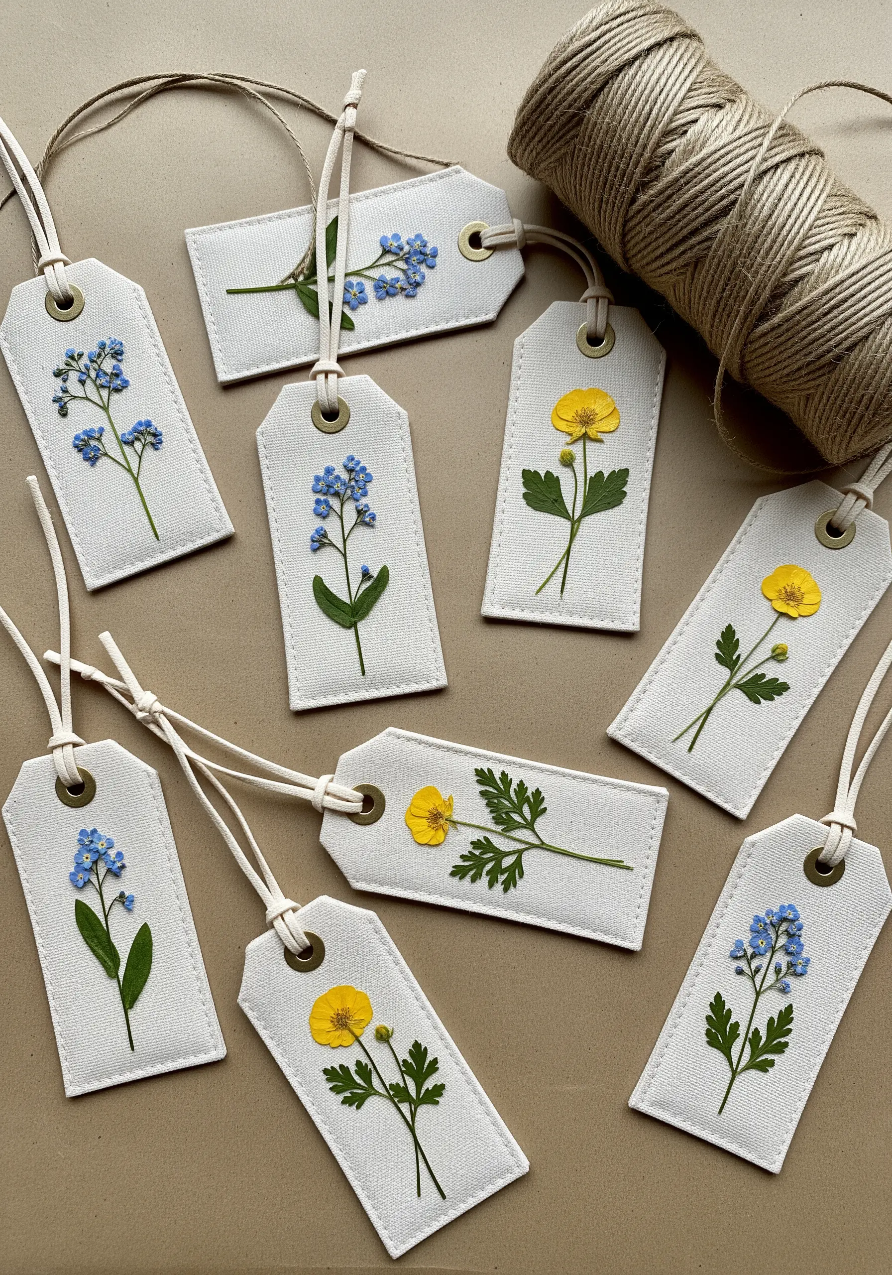 A collection of small fabric gift tags, each adorned with a single embroidered forget-me-not or buttercup.