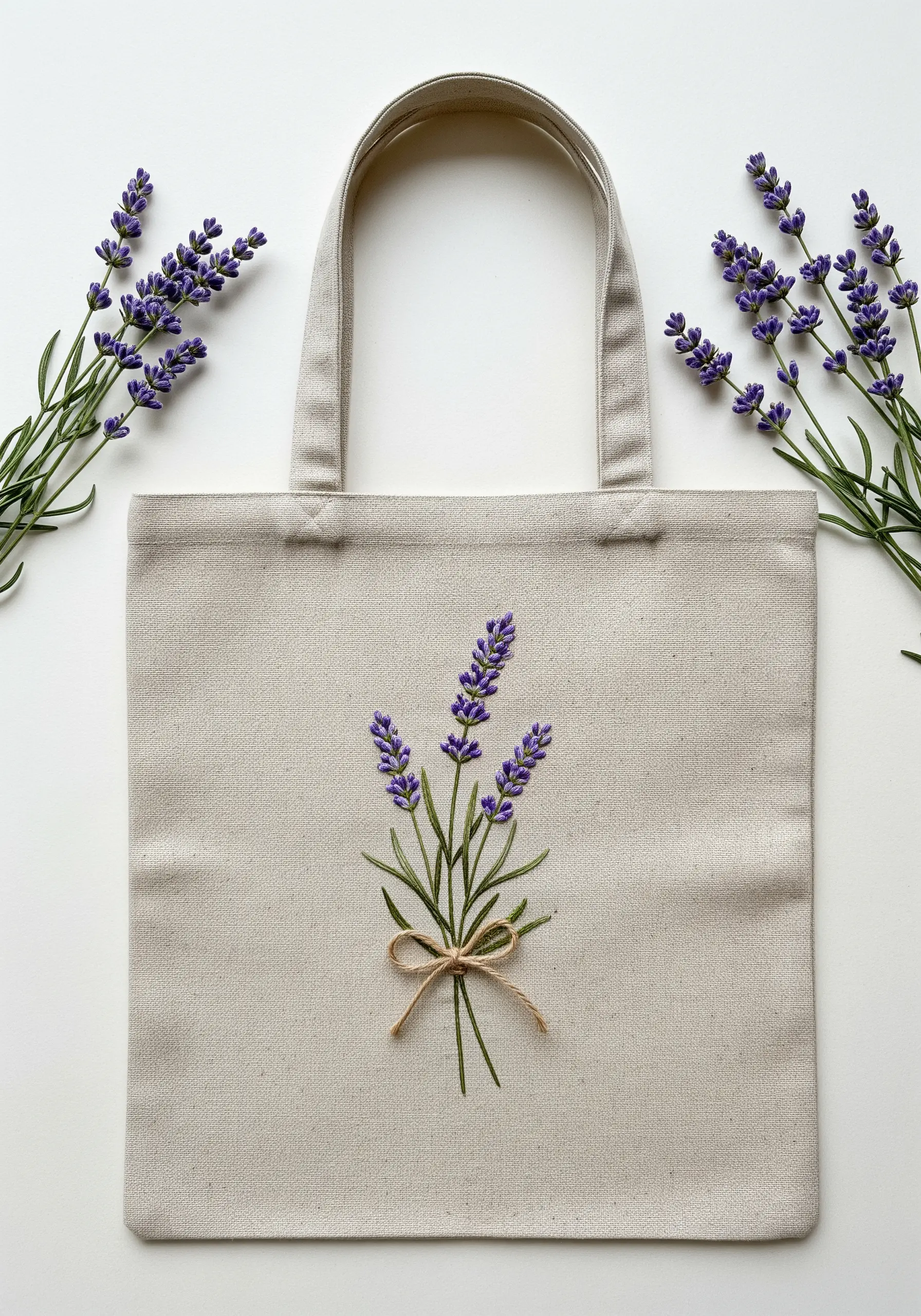 Embroidered lavender sprigs tied with a real twine bow on a natural canvas tote bag.
