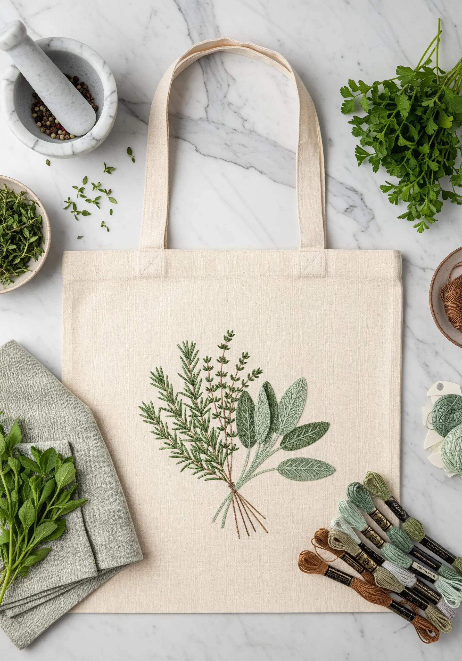 An embroidered bouquet of fresh herbs like rosemary and sage on a tote bag.