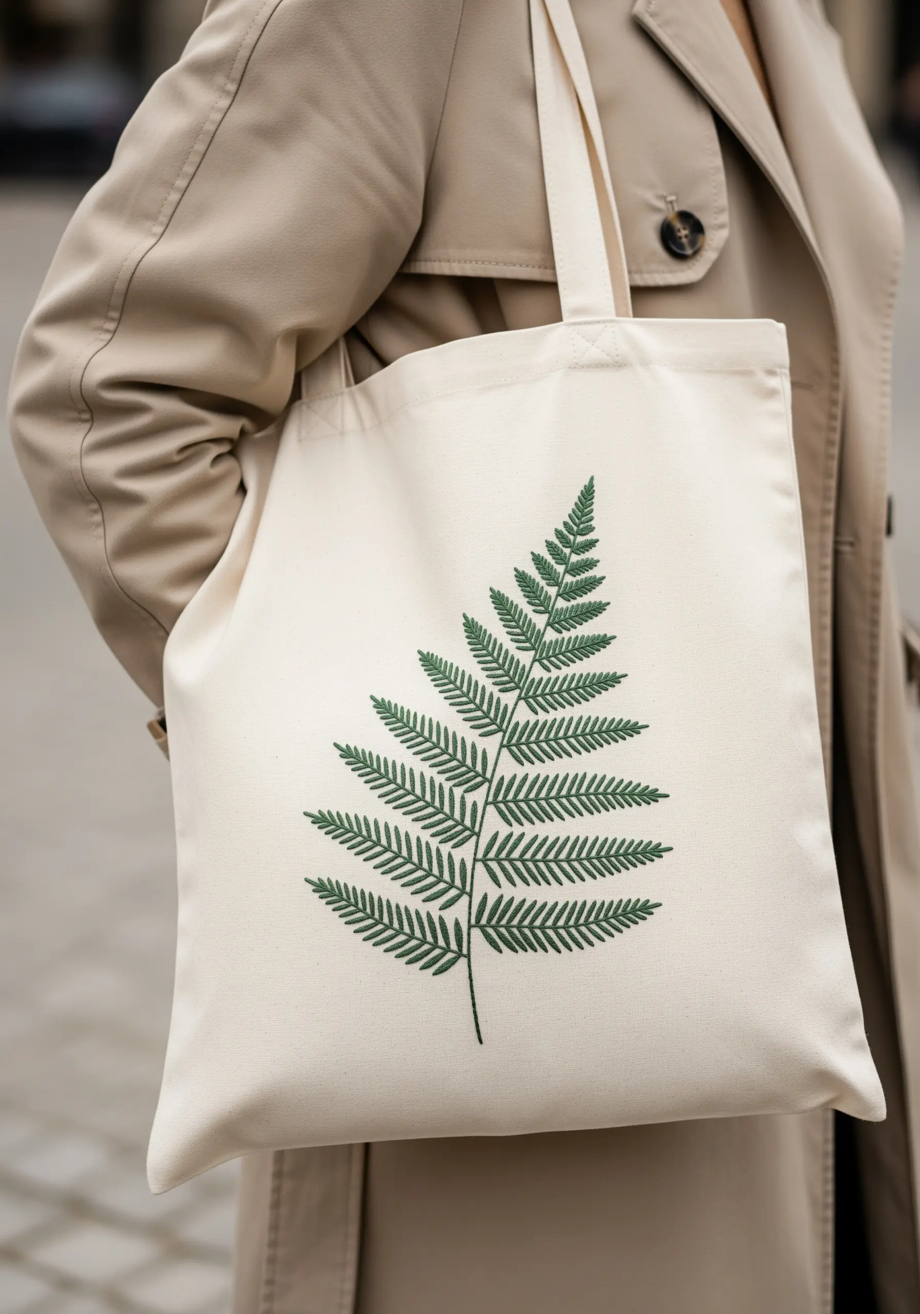 A single green fern leaf embroidered on a natural canvas tote bag.