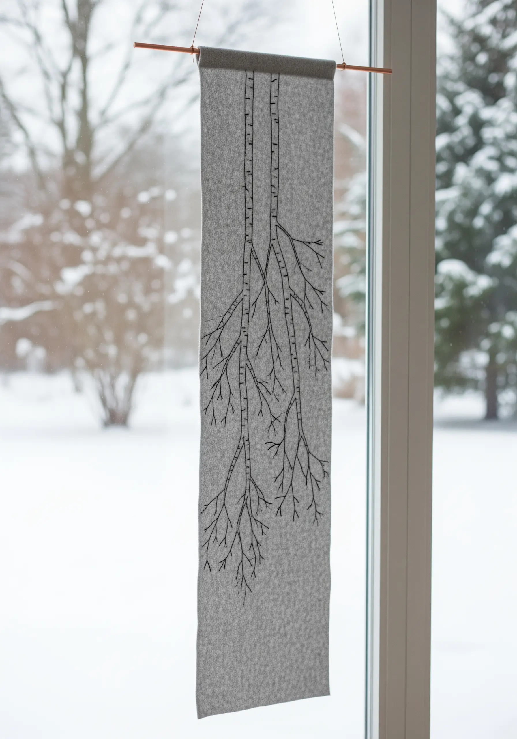 A narrow grey wall hanging with embroidered birch tree branches in black thread.