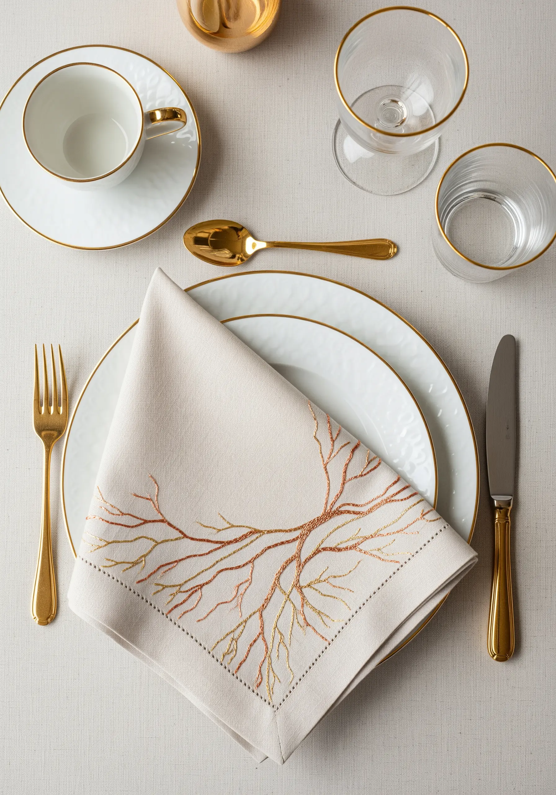 Delicate embroidery of branches in gold and rust tones on a cream napkin
