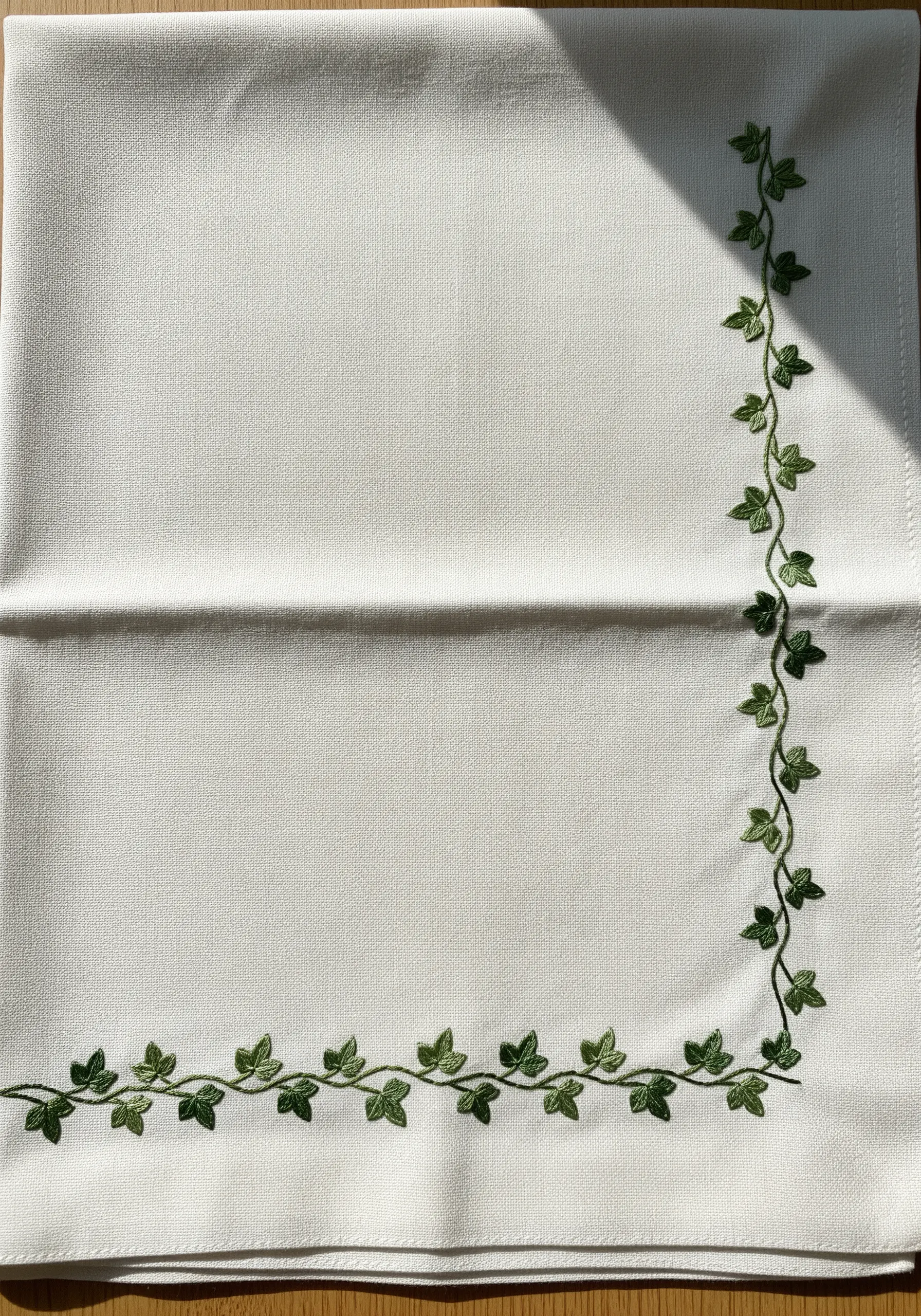 A simple, delicate ivy vine stitched around the corner of a white linen napkin.