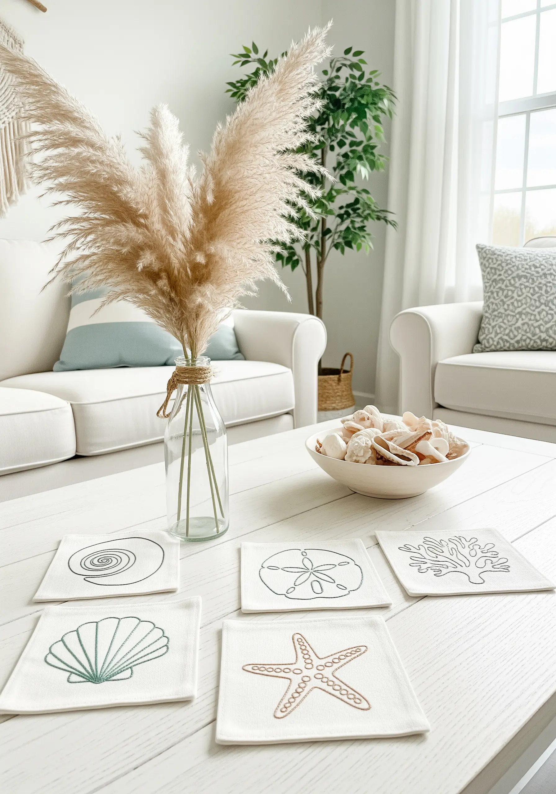 Embroidered coasters with single-line shell, starfish, and coral motifs.