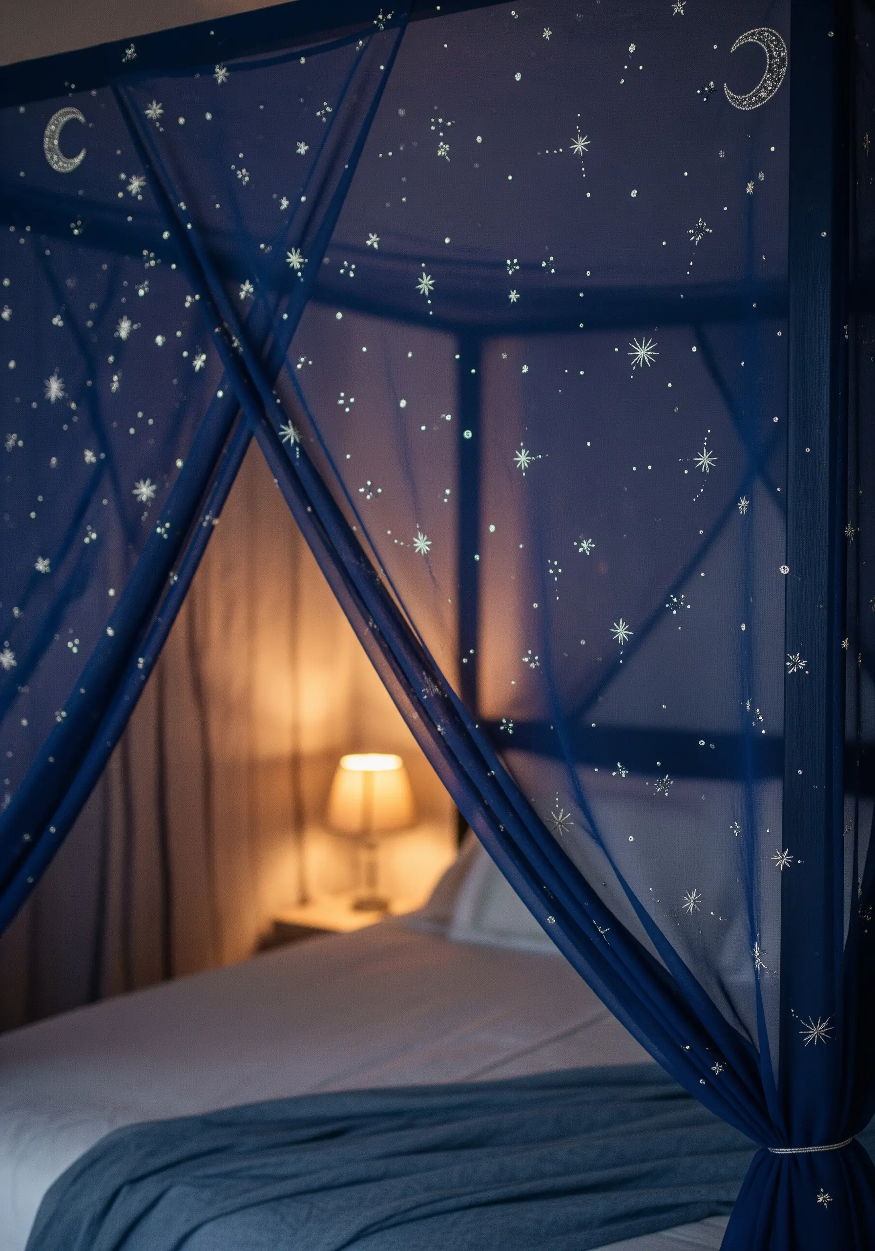 Silver embroidered stars and moons on a sheer navy blue bed canopy.