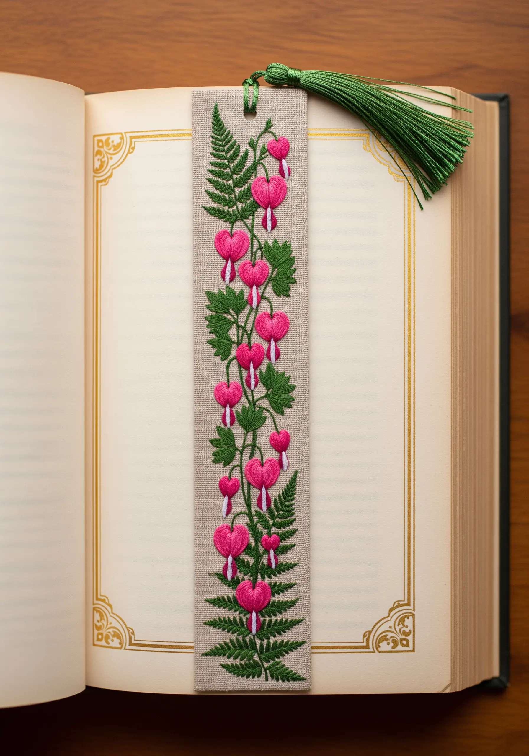 A linen bookmark embroidered with a delicate, trailing vine of pink bleeding heart flowers.